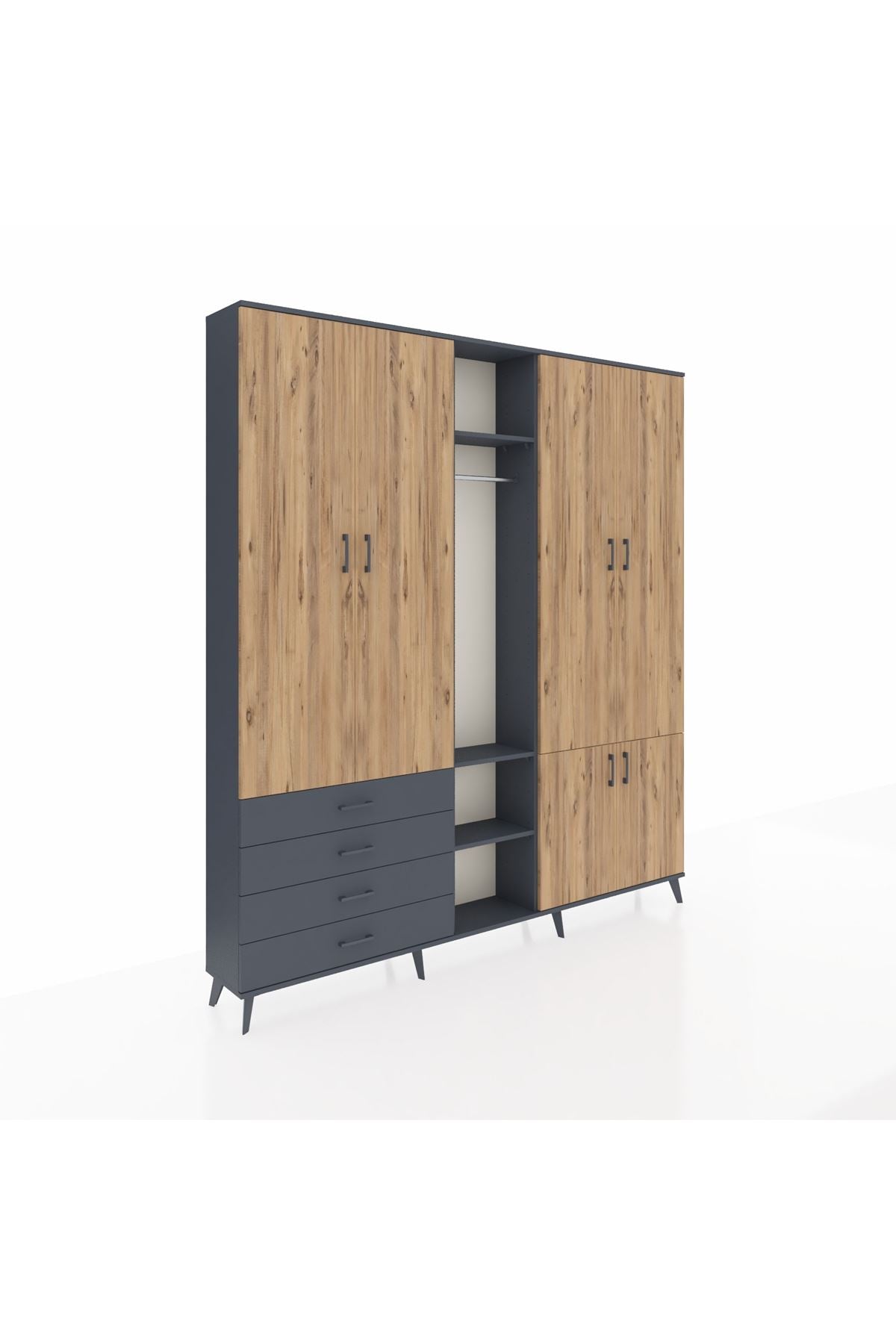 Arges Dolap 14 Raflı 4 Çekmeceli Tek Askılı 220x30x243 Antrasit-Çam/Antrasit