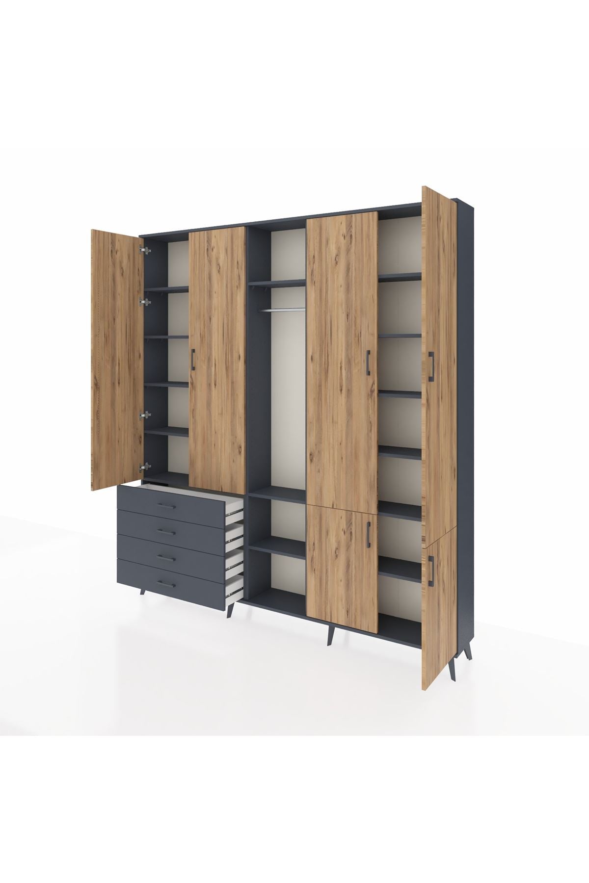 Arges Dolap 14 Raflı 4 Çekmeceli Tek Askılı 220x30x243 Antrasit-Çam/Antrasit