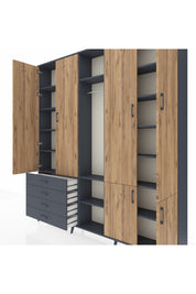 Arges Dolap 14 Raflı 4 Çekmeceli Tek Askılı 220x30x243 Antrasit-Çam/Antrasit