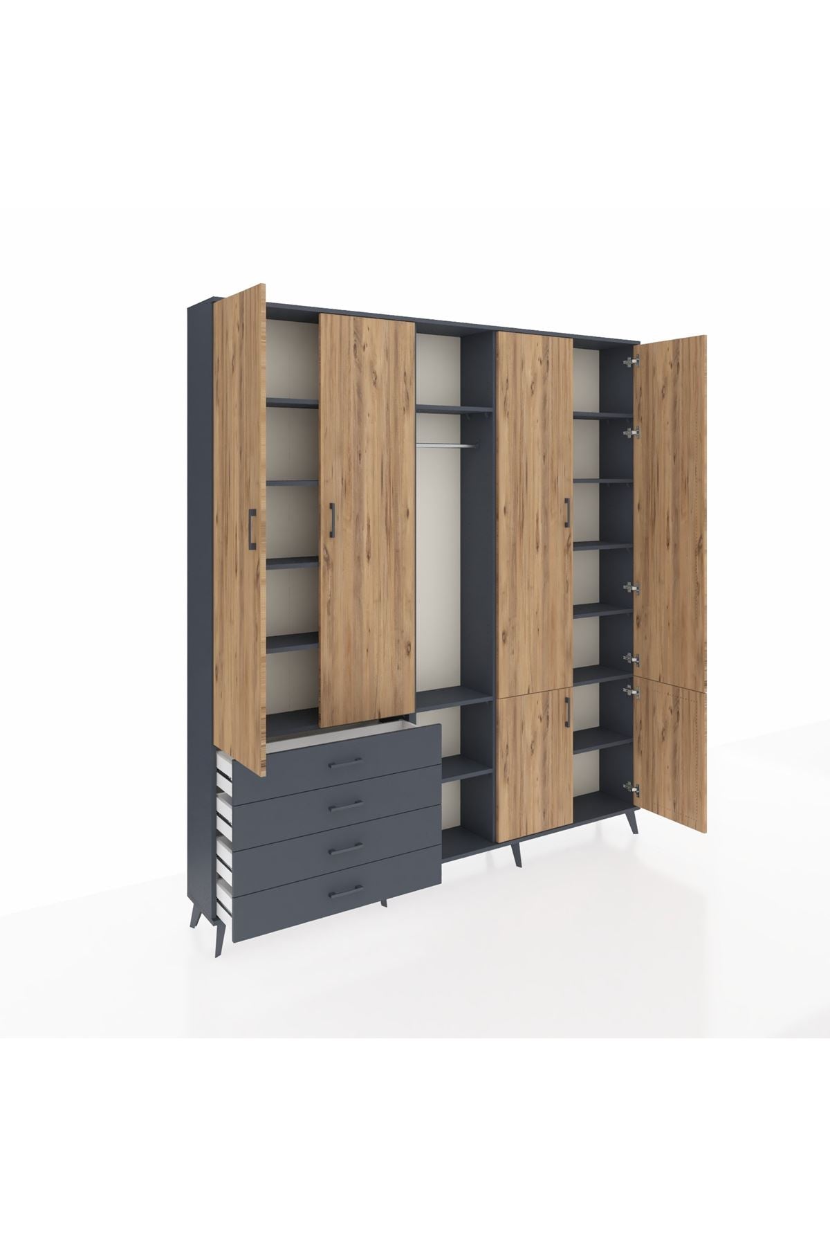 Arges Dolap 14 Raflı 4 Çekmeceli Tek Askılı 220x30x243 Antrasit-Çam/Antrasit