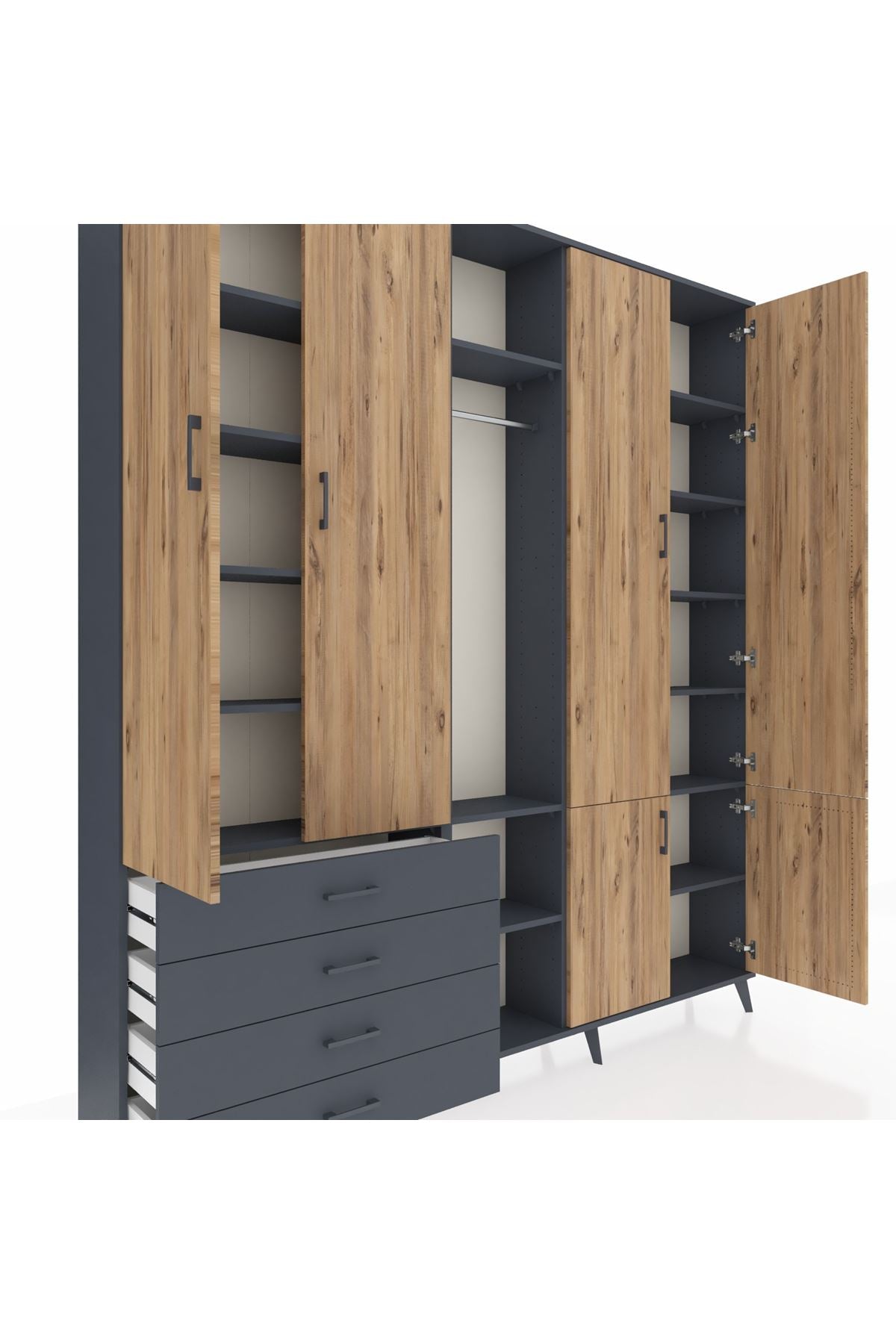 Arges Dolap 14 Raflı 4 Çekmeceli Tek Askılı 220x30x243 Antrasit-Çam/Antrasit