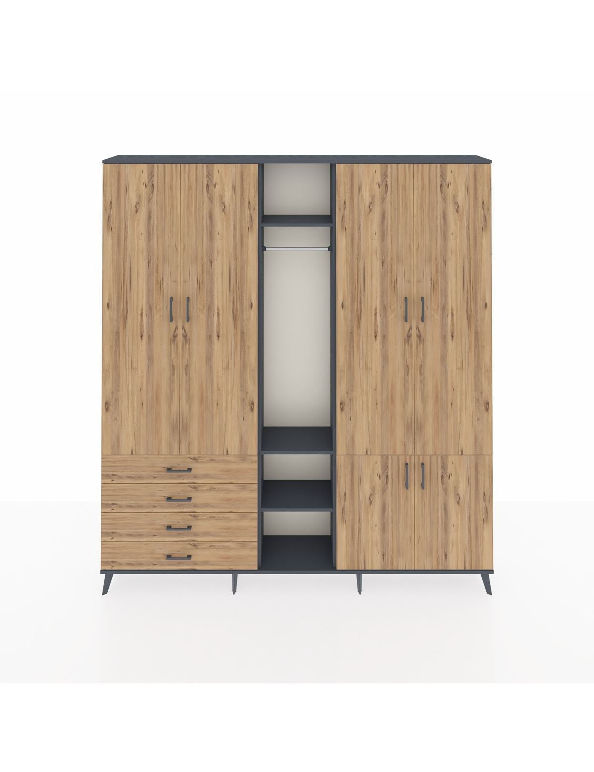 Arges Gardrop 14 Raflı 4 Çekmeceli Tek Askılı 220x30x243 Antrasit-Çam