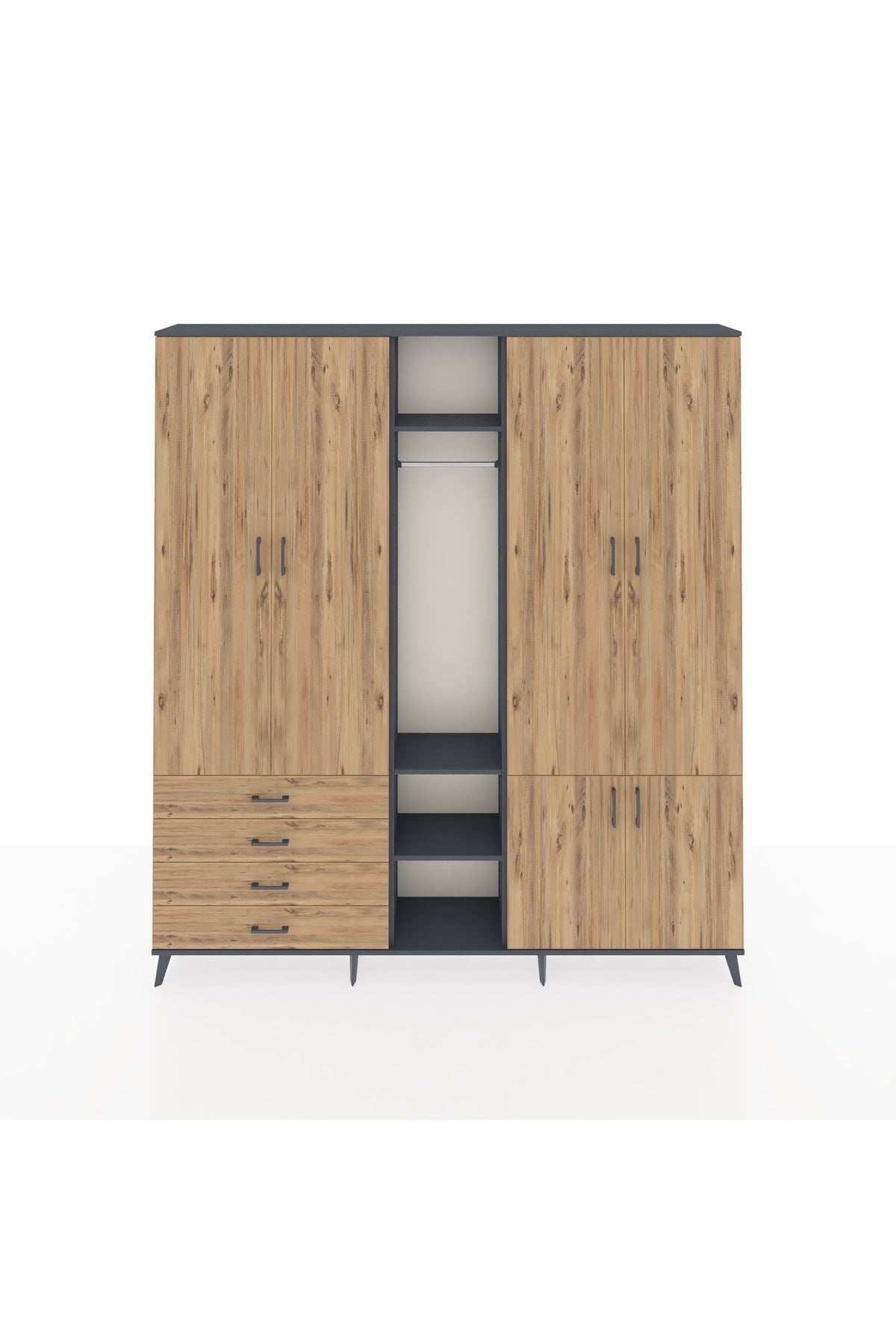 Arges Gardrop 14 Raflı 4 Çekmeceli Tek Askılı 220x30x243 Antrasit-Çam