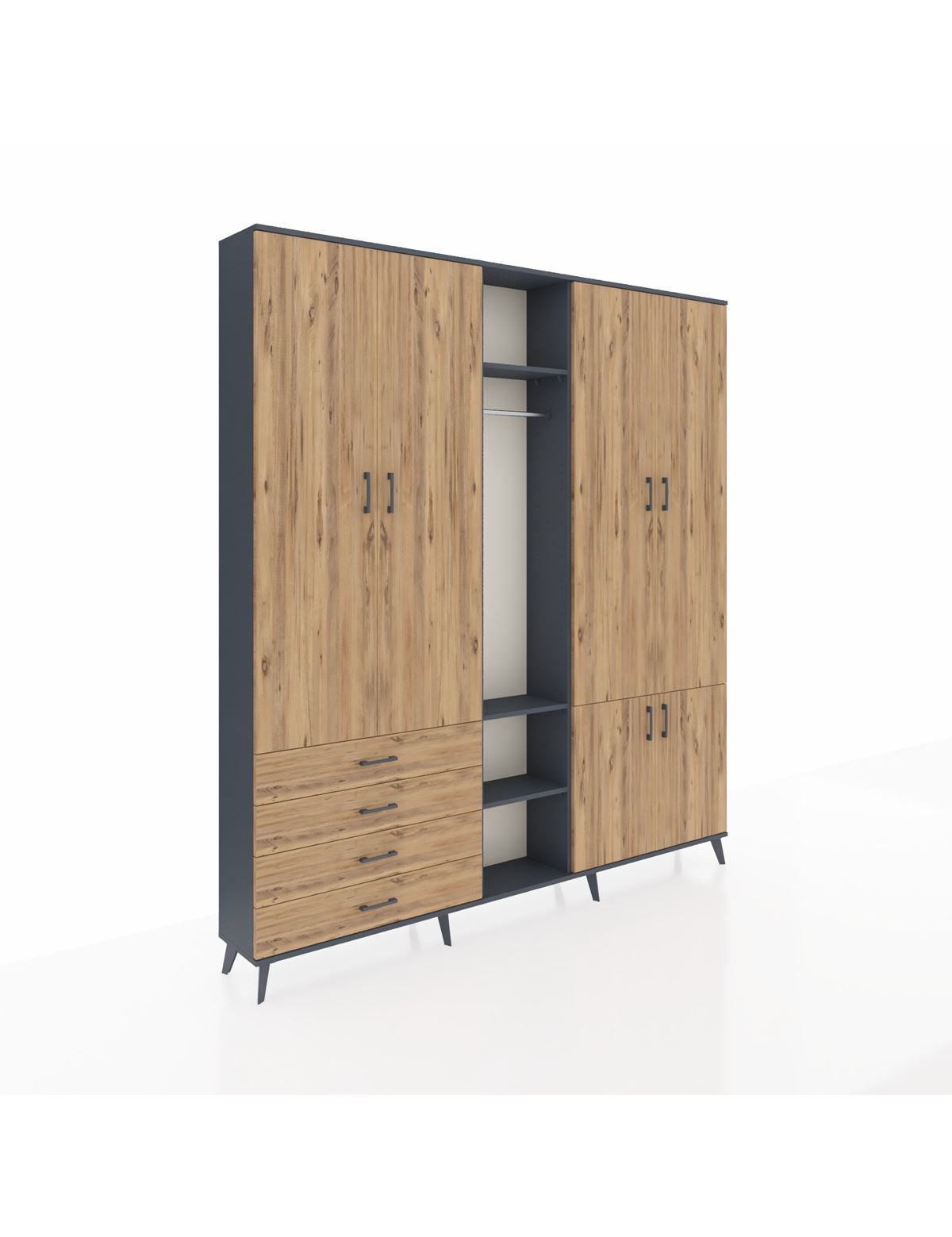 Arges Gardrop 14 Raflı 4 Çekmeceli Tek Askılı 220x30x243 Antrasit-Çam