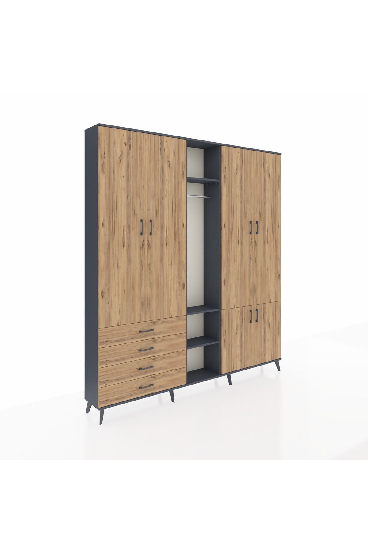 Arges Gardrop 14 Raflı 4 Çekmeceli Tek Askılı 220x30x243 Antrasit-Çam