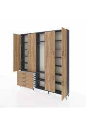 Arges Gardrop 14 Raflı 4 Çekmeceli Tek Askılı 220x30x243 Antrasit-Çam