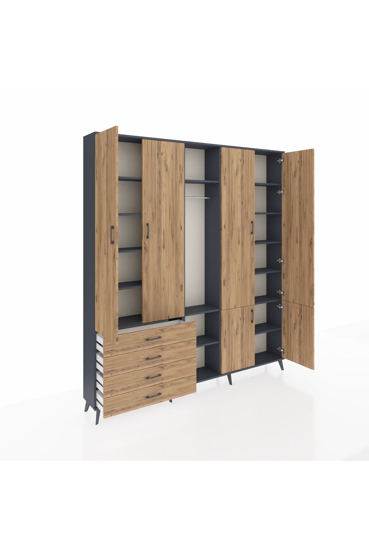 Arges Gardrop 14 Raflı 4 Çekmeceli Tek Askılı 220x30x243 Antrasit-Çam