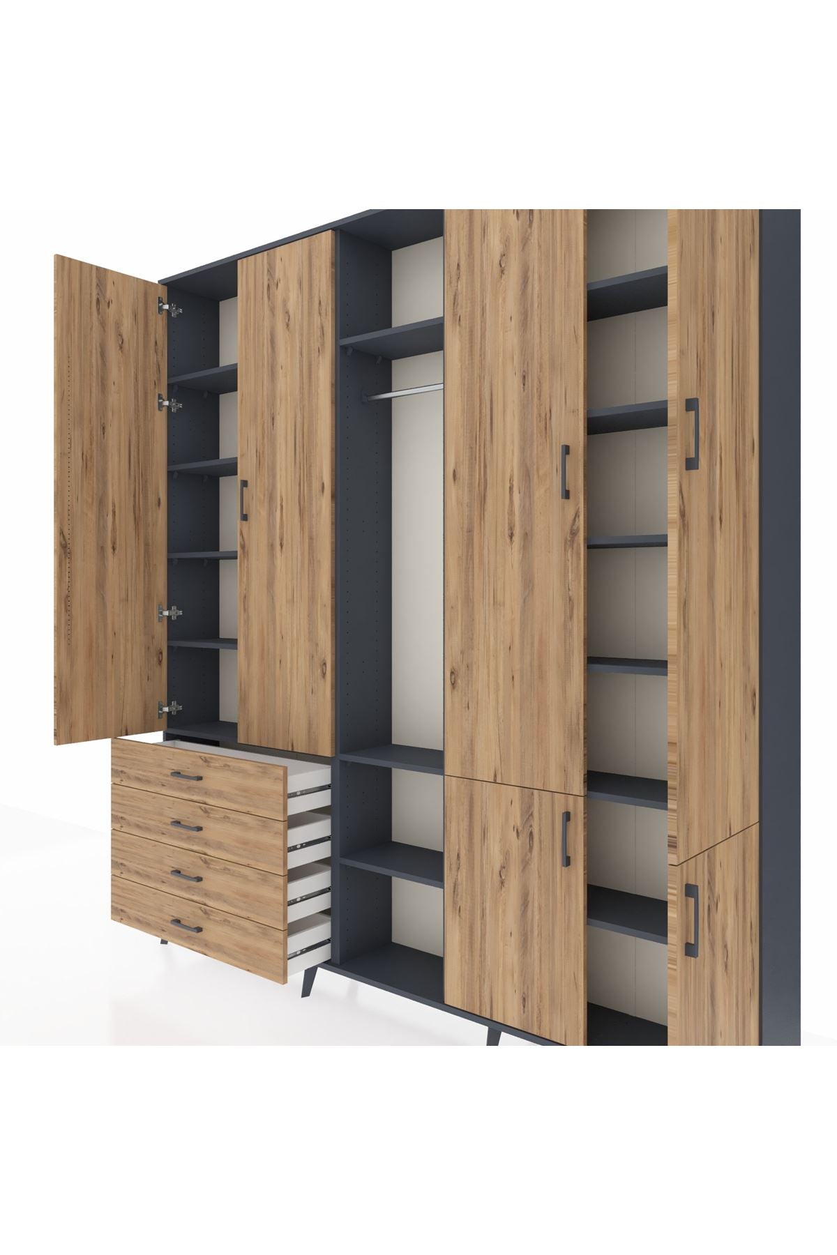 Arges Gardrop 14 Raflı 4 Çekmeceli Tek Askılı 220x30x243 Antrasit-Çam