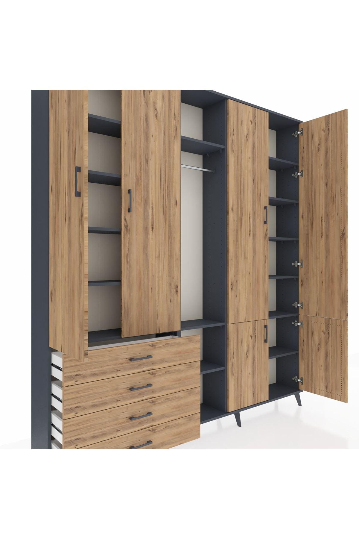 Arges Gardrop 14 Raflı 4 Çekmeceli Tek Askılı 220x30x243 Antrasit-Çam