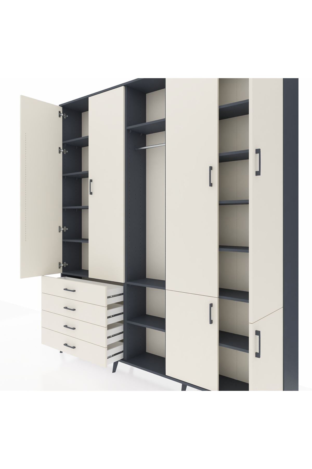 Arges Gardrop 14 Raflı 4 Çekmeceli Tek Askılı 220x30x243 Antrasit-Aytaşı