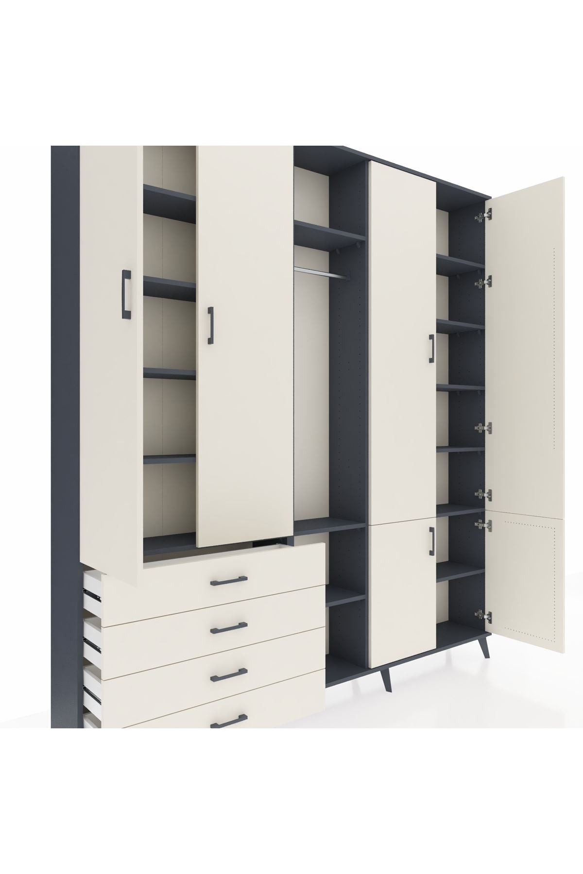 Arges Gardrop 14 Raflı 4 Çekmeceli Tek Askılı 220x30x243 Antrasit-Aytaşı