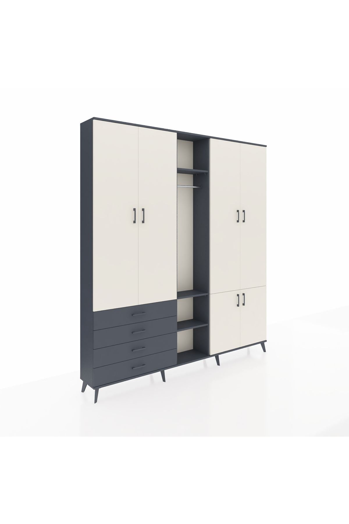 Arges Dolap 14 Raflı 4 Çekmeceli Tek Askılı 220x30x243 Antrasit-Aytaşı/Antrasit