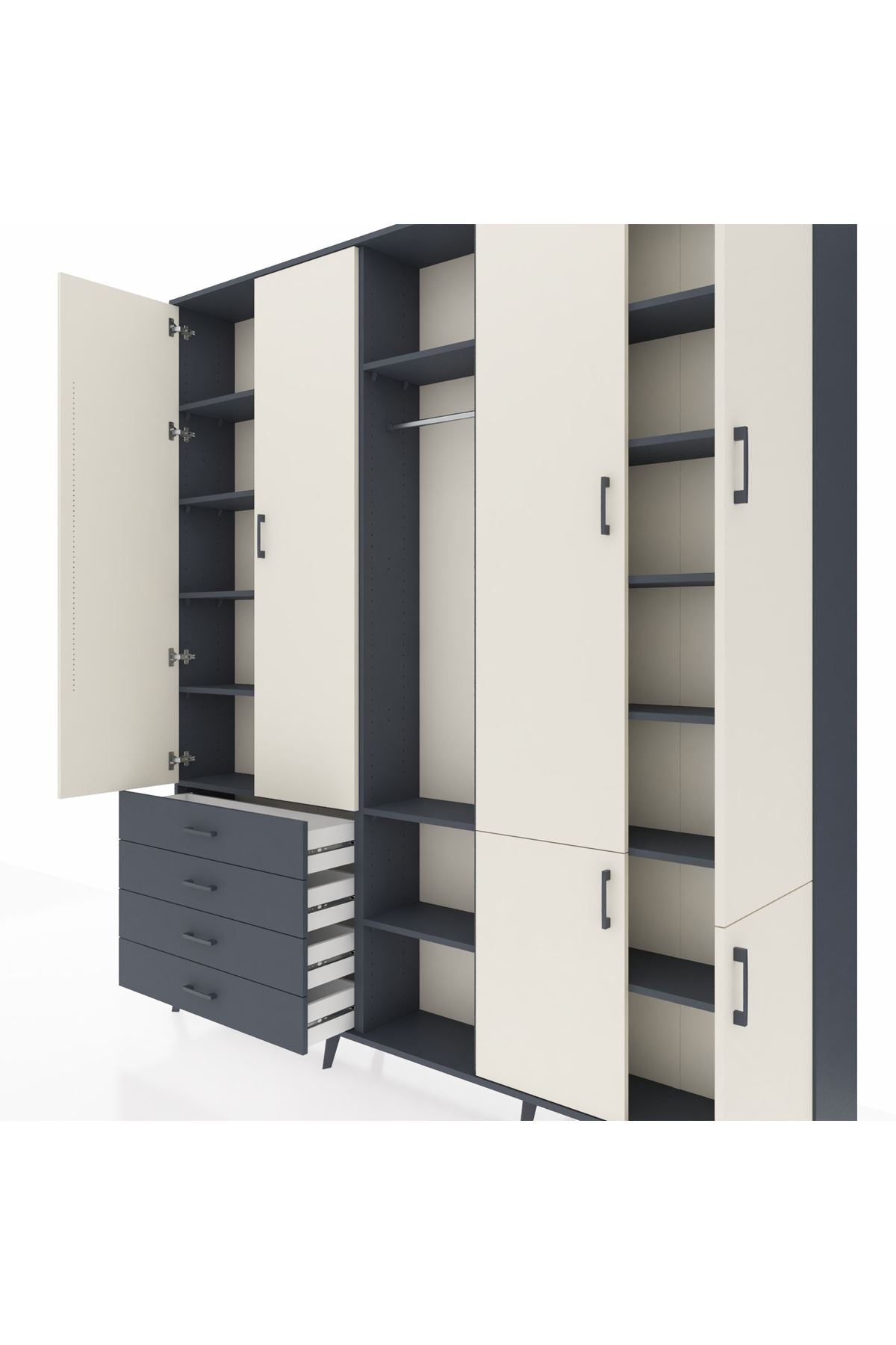 Arges Dolap 14 Raflı 4 Çekmeceli Tek Askılı 220x30x243 Antrasit-Aytaşı/Antrasit