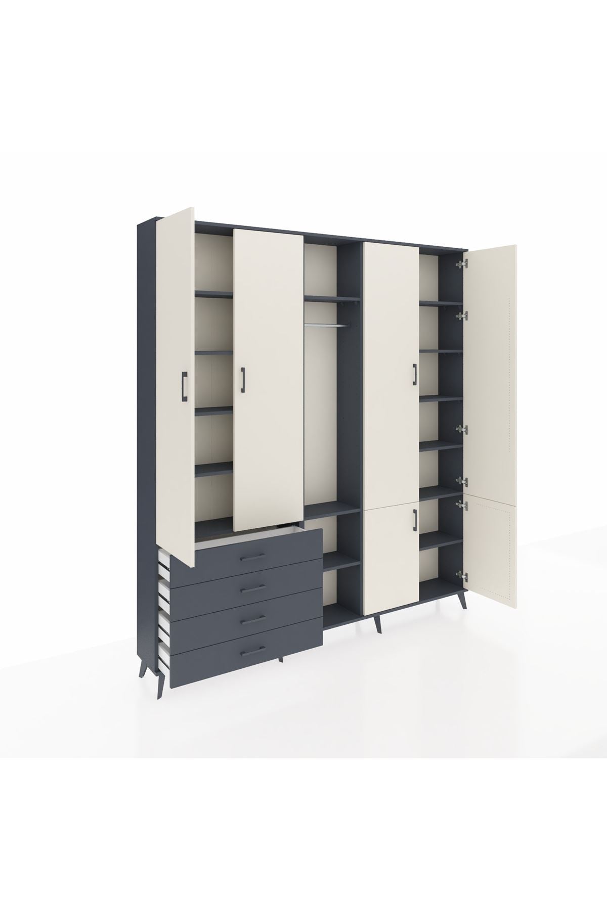 Arges Dolap 14 Raflı 4 Çekmeceli Tek Askılı 220x30x243 Antrasit-Aytaşı/Antrasit