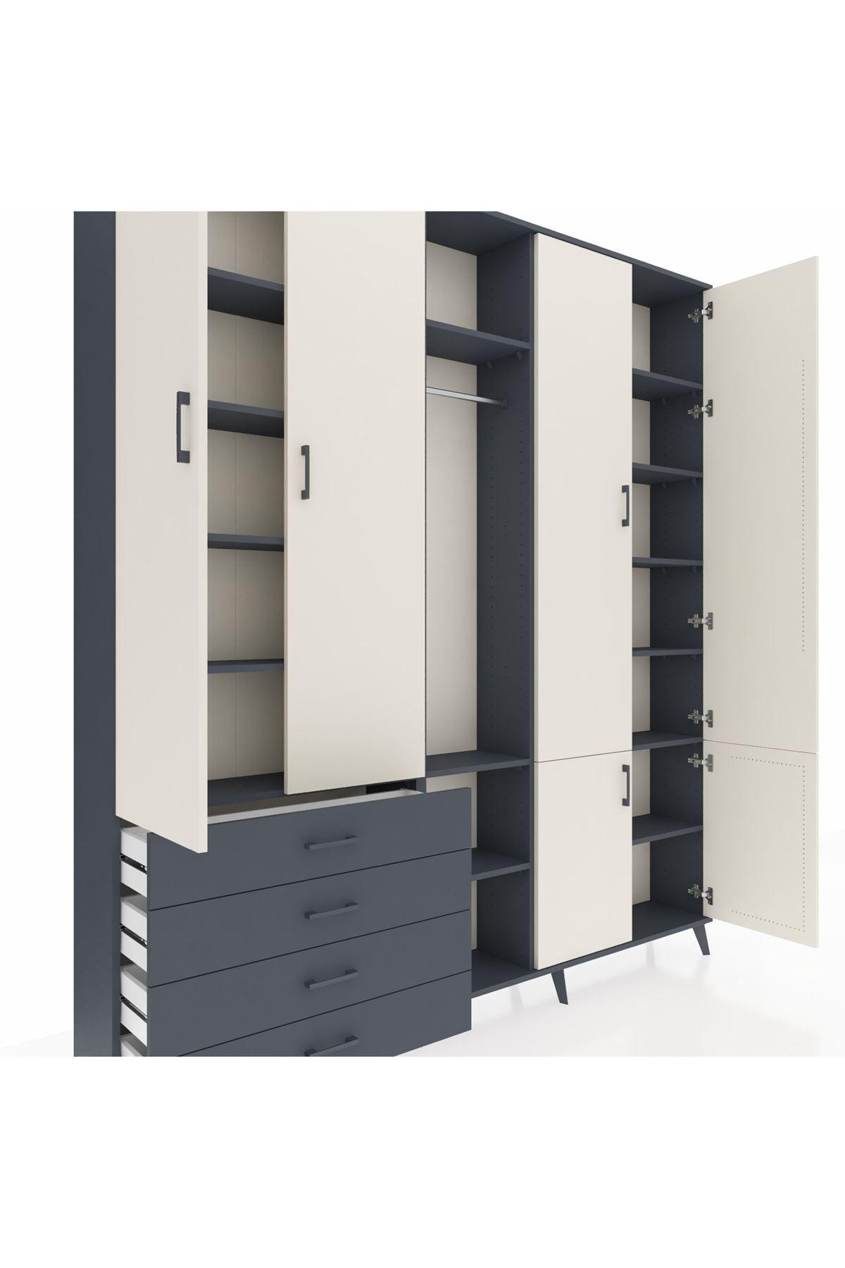 Arges Dolap 14 Raflı 4 Çekmeceli Tek Askılı 220x30x243 Antrasit-Aytaşı/Antrasit