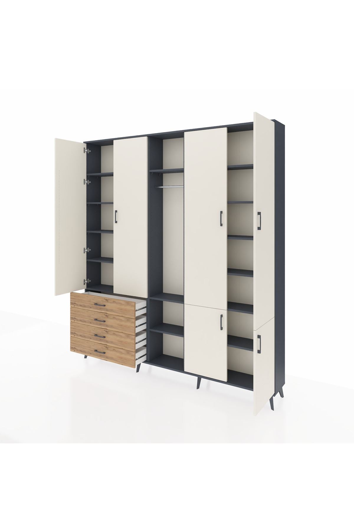 Arges Dolap 14 Raflı 4 Çekmeceli Tek Askılı 220x30x243 Antrasit-Aytaşı/Çam