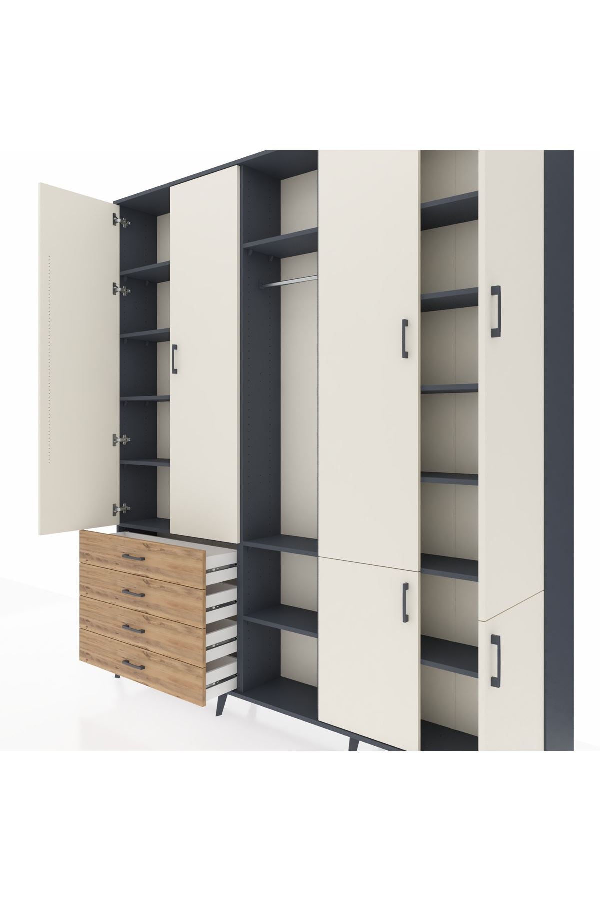 Arges Dolap 14 Raflı 4 Çekmeceli Tek Askılı 220x30x243 Antrasit-Aytaşı/Çam