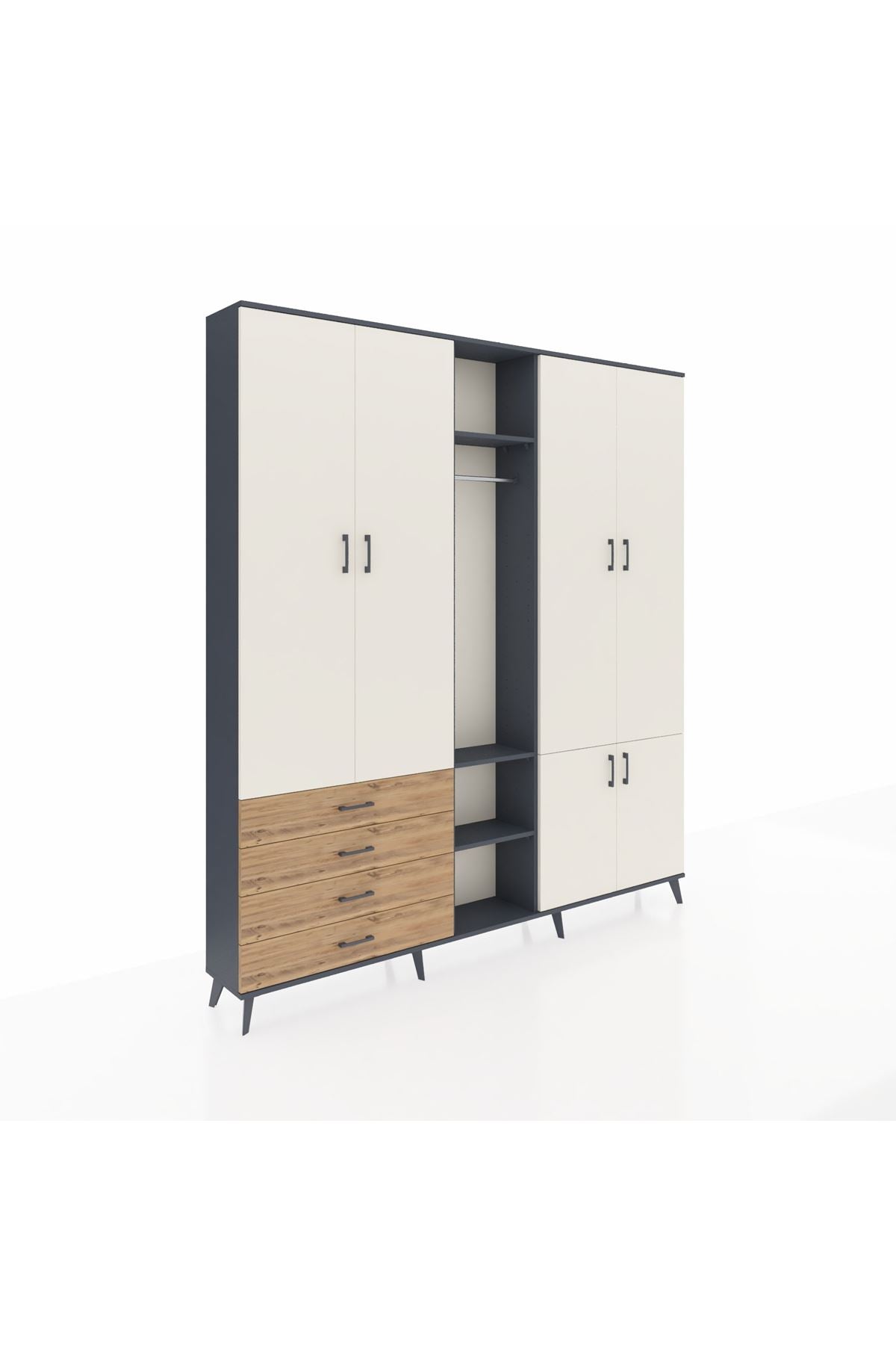 Arges Dolap 14 Raflı 4 Çekmeceli Tek Askılı 220x30x243 Antrasit-Aytaşı/Çam