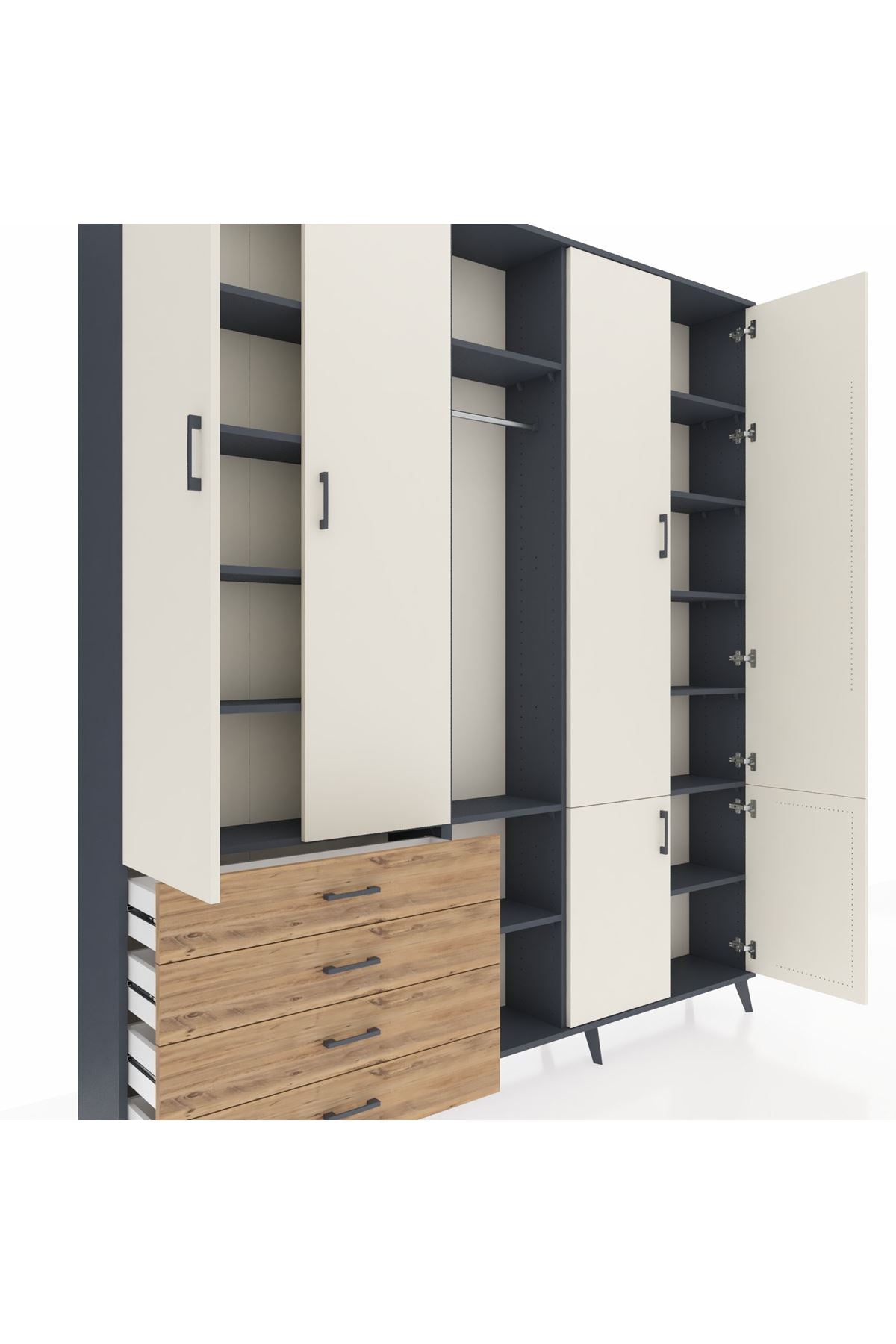Arges Dolap 14 Raflı 4 Çekmeceli Tek Askılı 220x30x243 Antrasit-Aytaşı/Çam