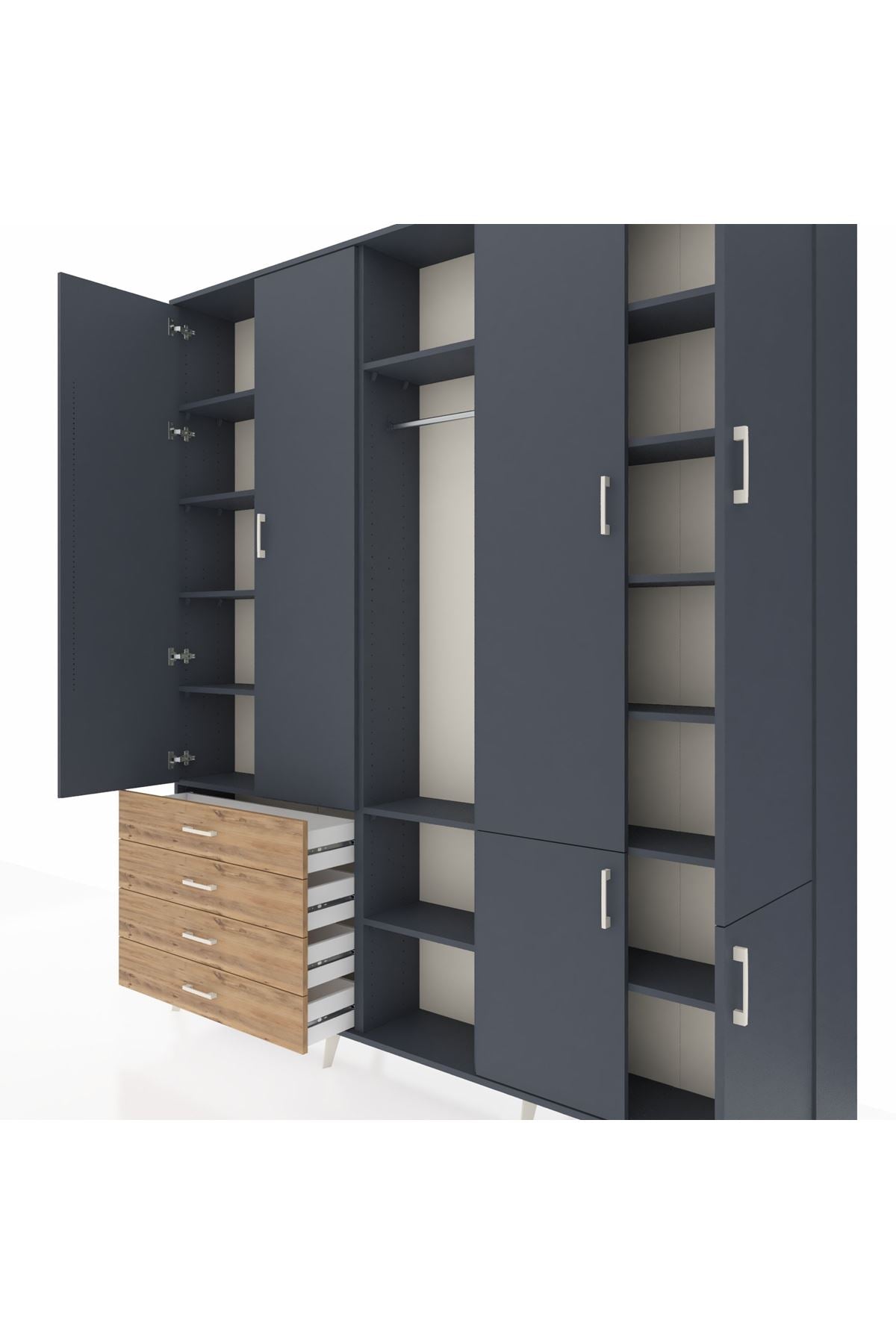 Arges Dolap 14 Raflı 4 Çekmeceli Tek Askılı 220x30x243 Antrasit-Antrasit/Çam