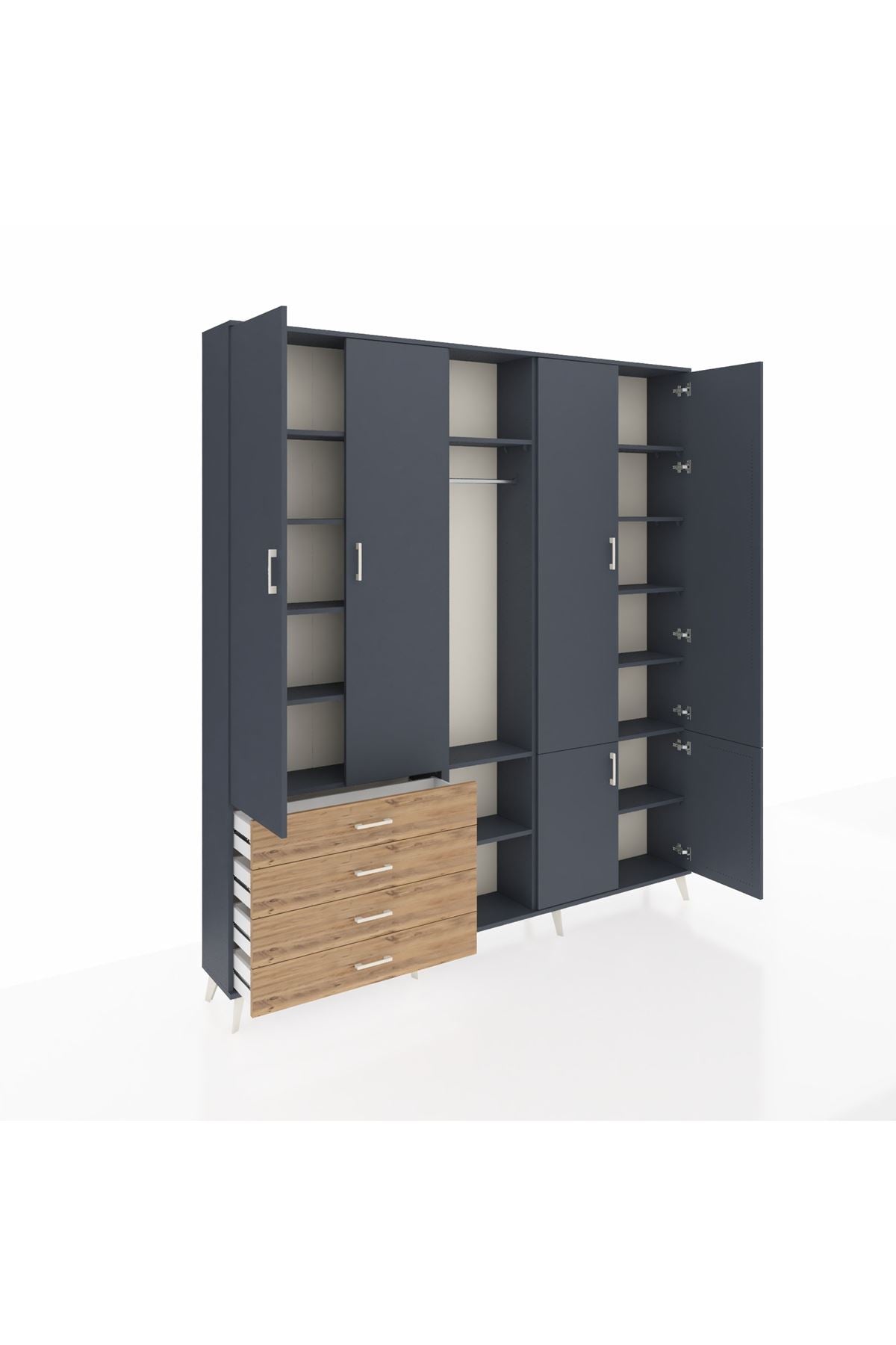 Arges Dolap 14 Raflı 4 Çekmeceli Tek Askılı 220x30x243 Antrasit-Antrasit/Çam