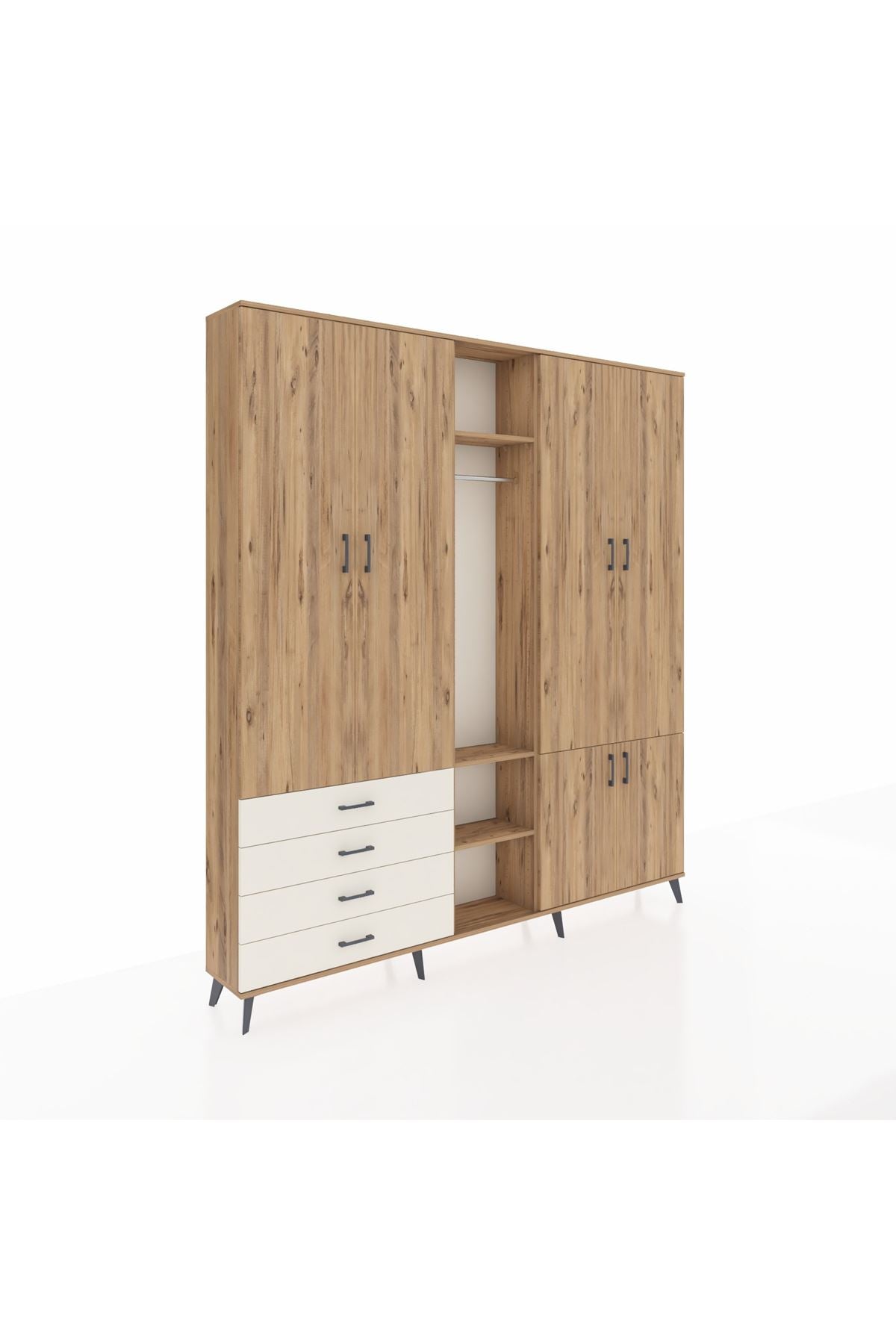 Arges Dolap 14 Raflı 4 Çekmeceli Tek Askılı 220x30x243 Çam-Çam/Aytaşı