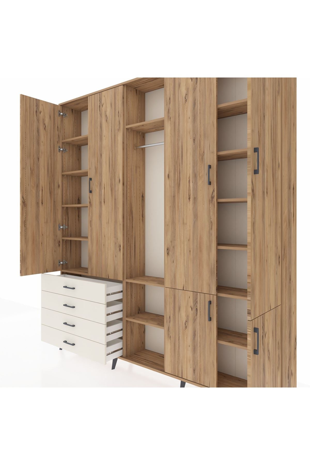 Arges Dolap 14 Raflı 4 Çekmeceli Tek Askılı 220x30x243 Çam-Çam/Aytaşı