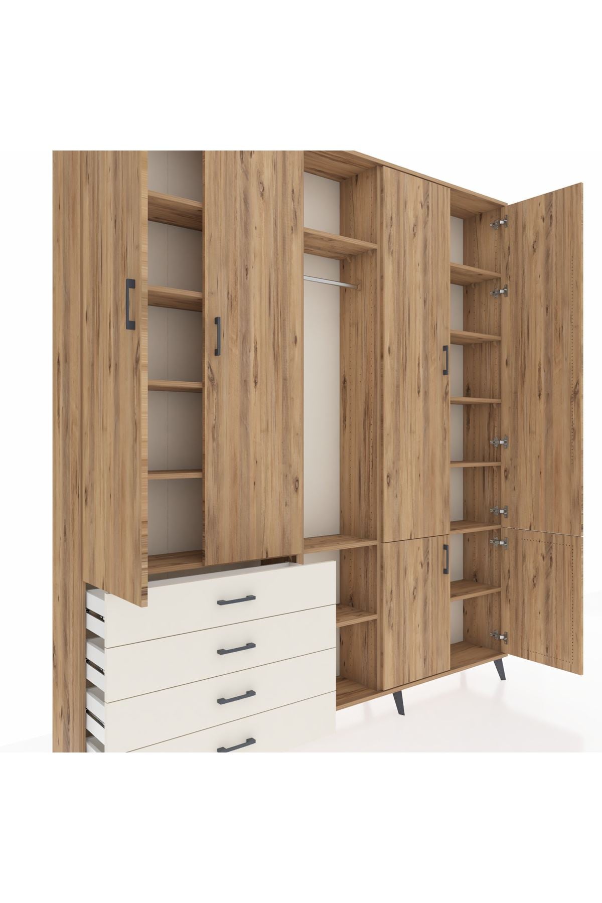 Arges Dolap 14 Raflı 4 Çekmeceli Tek Askılı 220x30x243 Çam-Çam/Aytaşı