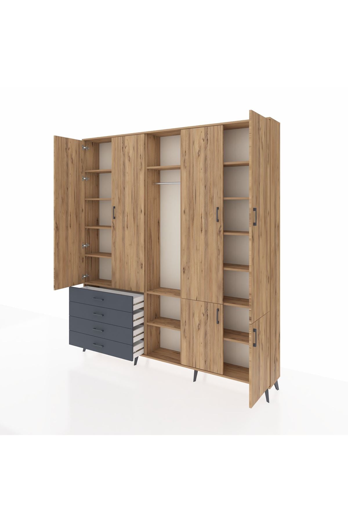 Arges Dolap 14 Raflı 4 Çekmeceli Tek Askılı 220x30x243 Çam-Çam/Antrasit