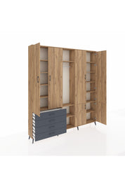 Arges Dolap 14 Raflı 4 Çekmeceli Tek Askılı 220x30x243 Çam-Çam/Antrasit