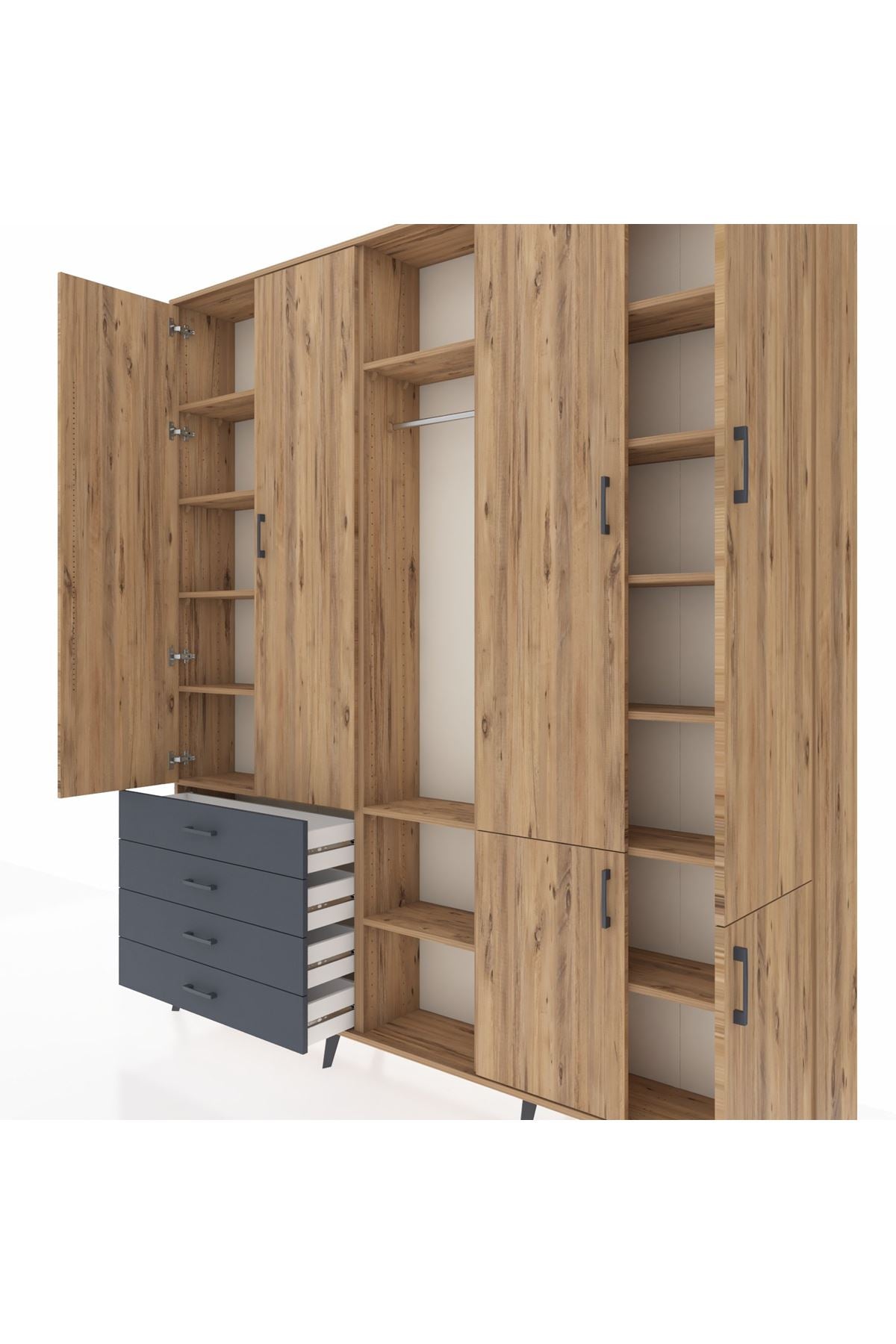 Arges Dolap 14 Raflı 4 Çekmeceli Tek Askılı 220x30x243 Çam-Çam/Antrasit