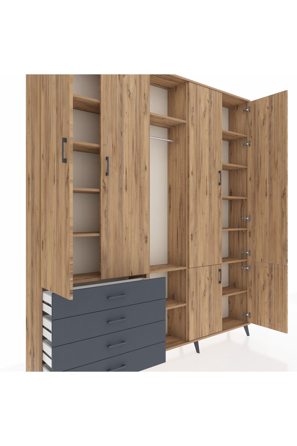 Arges Dolap 14 Raflı 4 Çekmeceli Tek Askılı 220x30x243 Çam-Çam/Antrasit