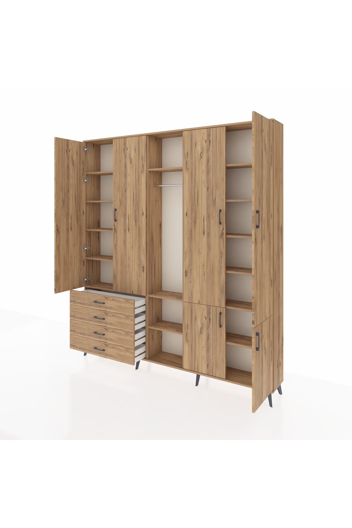 Arges Gardrop 14 Raflı 4 Çekmeceli Tek Askılı 220x30x243 Çam-Çam