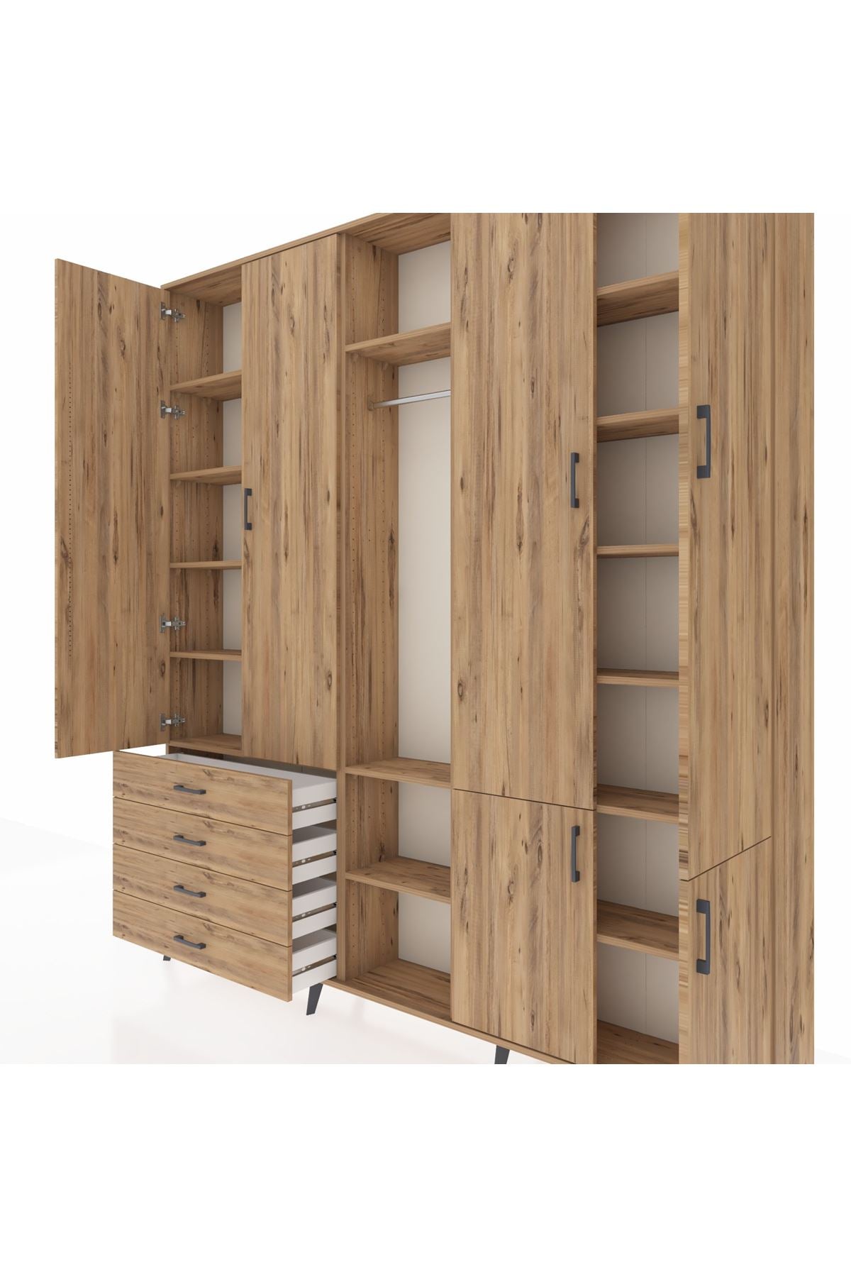 Arges Gardrop 14 Raflı 4 Çekmeceli Tek Askılı 220x30x243 Çam-Çam