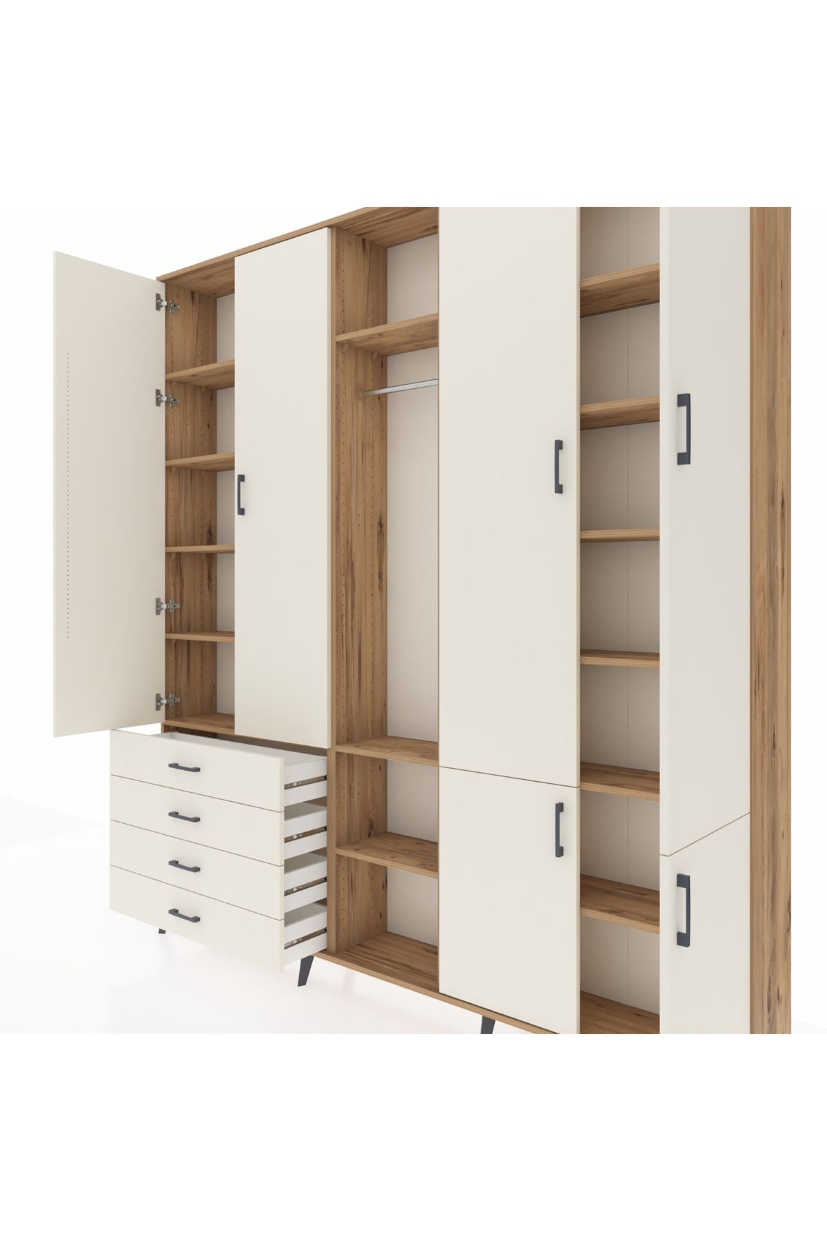 Arges Gardrop 14 Raflı 4 Çekmeceli Tek Askılı 220x30x243 Çam-Aytaşı