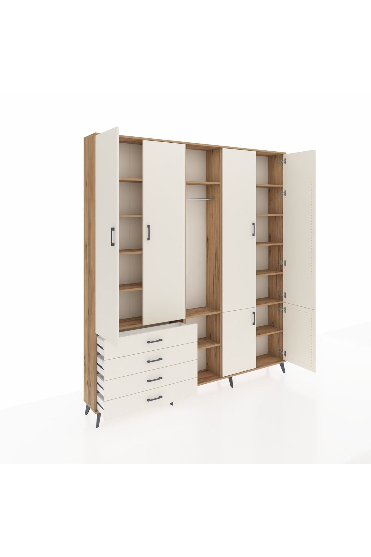 Arges Gardrop 14 Raflı 4 Çekmeceli Tek Askılı 220x30x243 Çam-Aytaşı