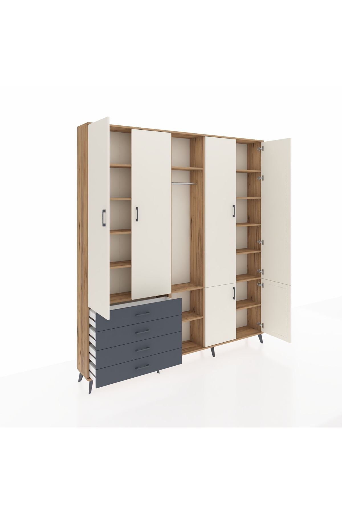 Arges Dolap 14 Raflı 4 Çekmeceli Tek Askılı 220x30x243 Çam-Aytaşı/Antrasit