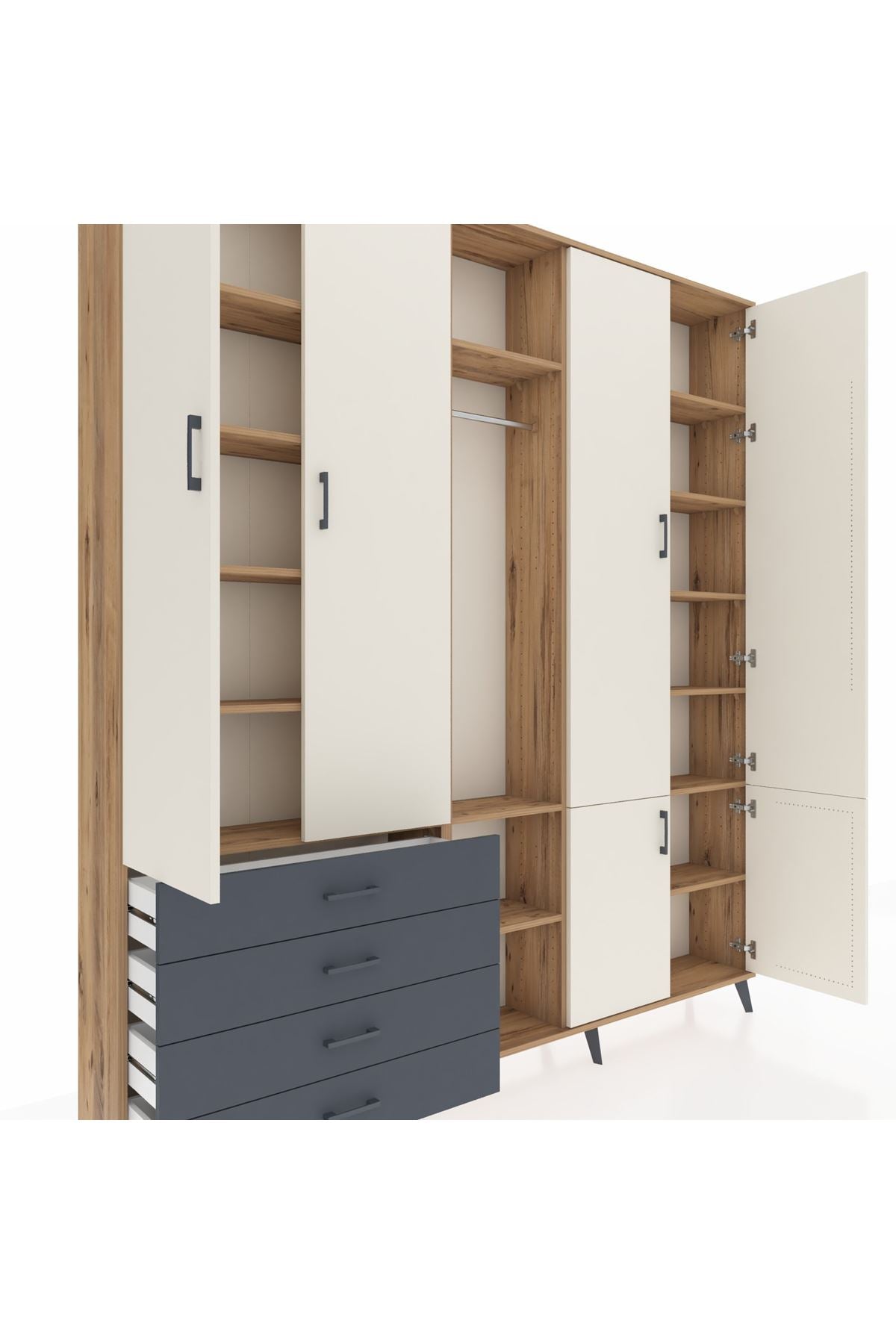 Arges Dolap 14 Raflı 4 Çekmeceli Tek Askılı 220x30x243 Çam-Aytaşı/Antrasit