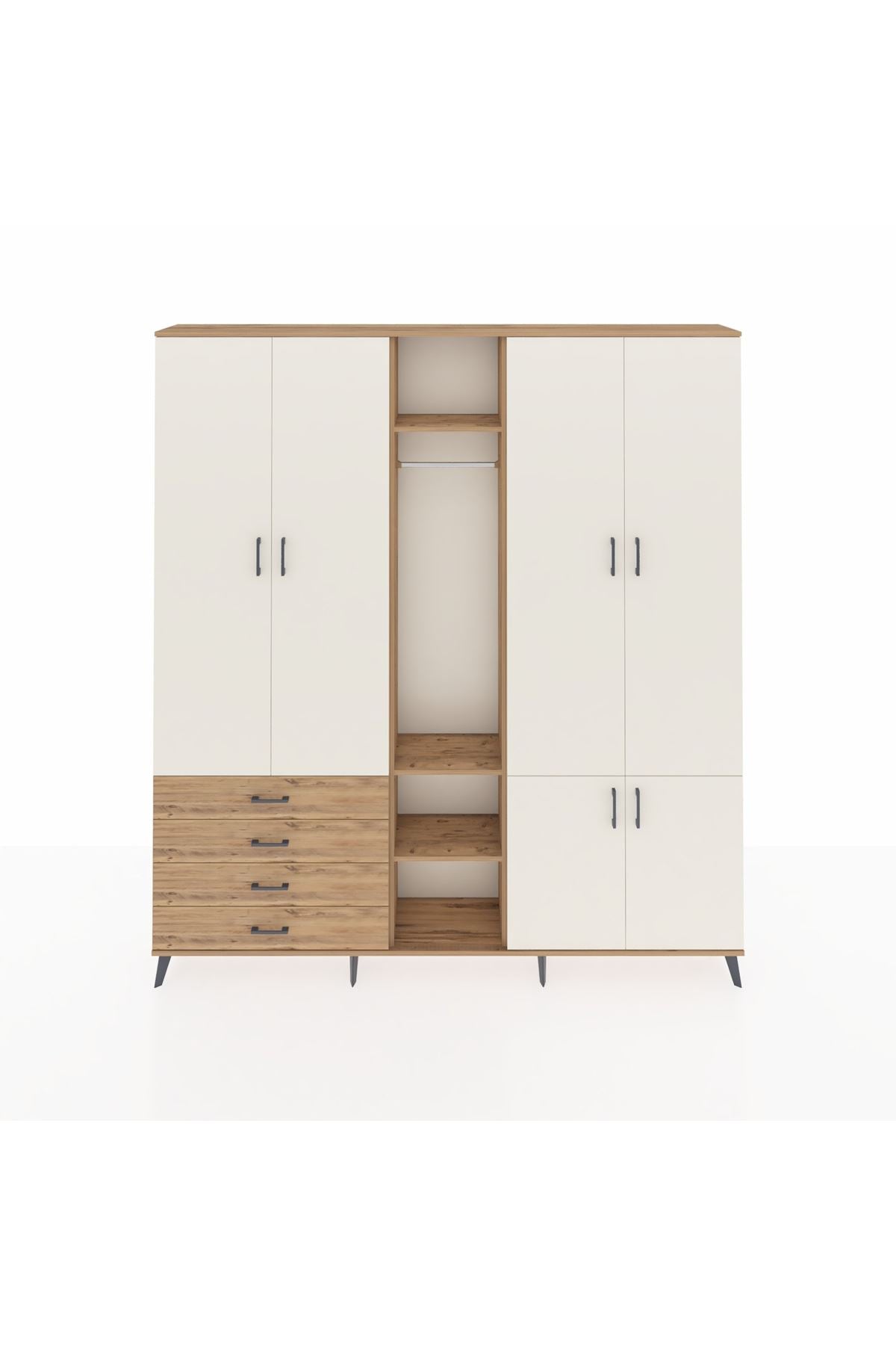 Arges Dolap 14 Raflı 4 Çekmeceli Tek Askılı 220x30x243 Çam-Aytaşı/Çam