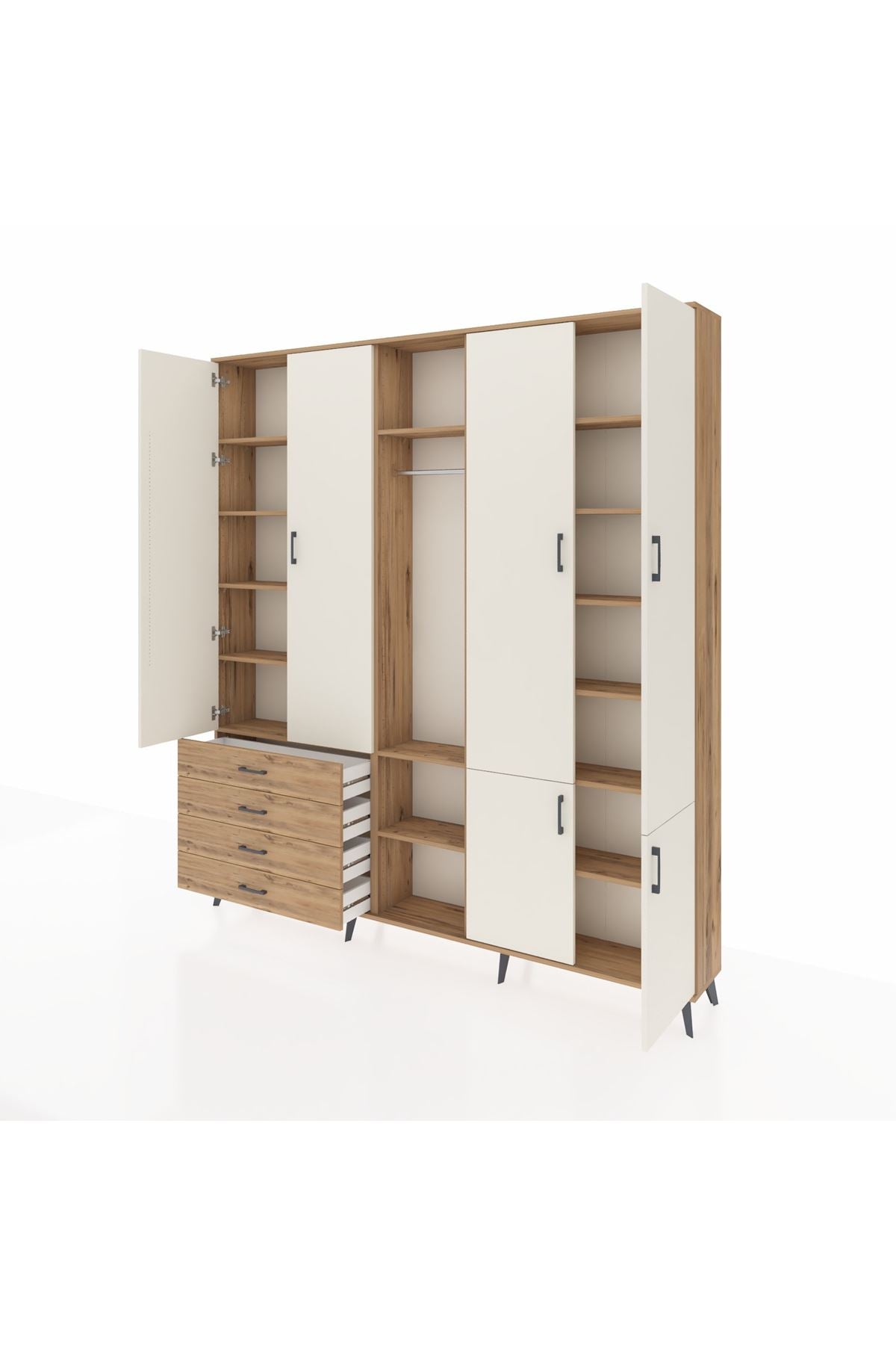 Arges Dolap 14 Raflı 4 Çekmeceli Tek Askılı 220x30x243 Çam-Aytaşı/Çam