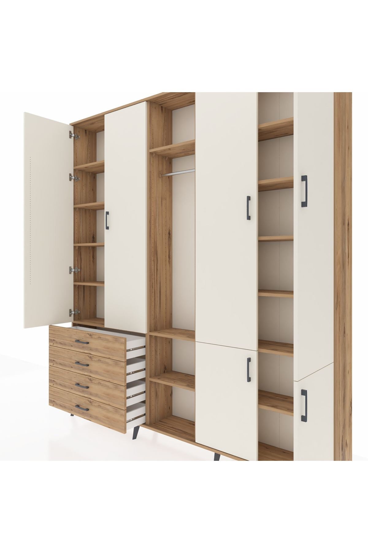 Arges Dolap 14 Raflı 4 Çekmeceli Tek Askılı 220x30x243 Çam-Aytaşı/Çam