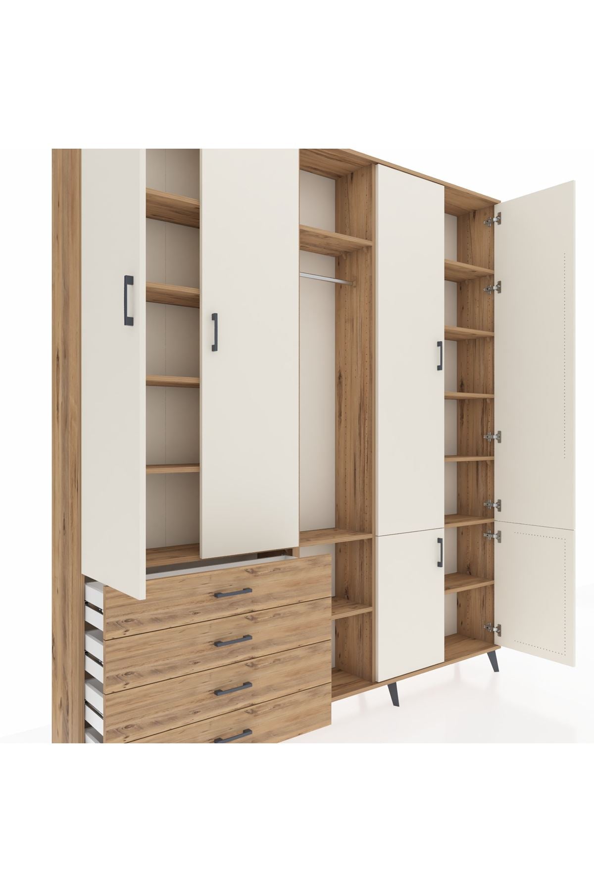 Arges Dolap 14 Raflı 4 Çekmeceli Tek Askılı 220x30x243 Çam-Aytaşı/Çam