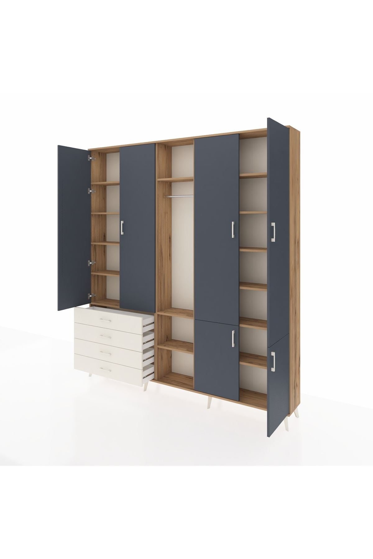 Arges Dolap 14 Raflı 4 Çekmeceli Tek Askılı 220x30x243 Çam-Antrasit/Aytaşı