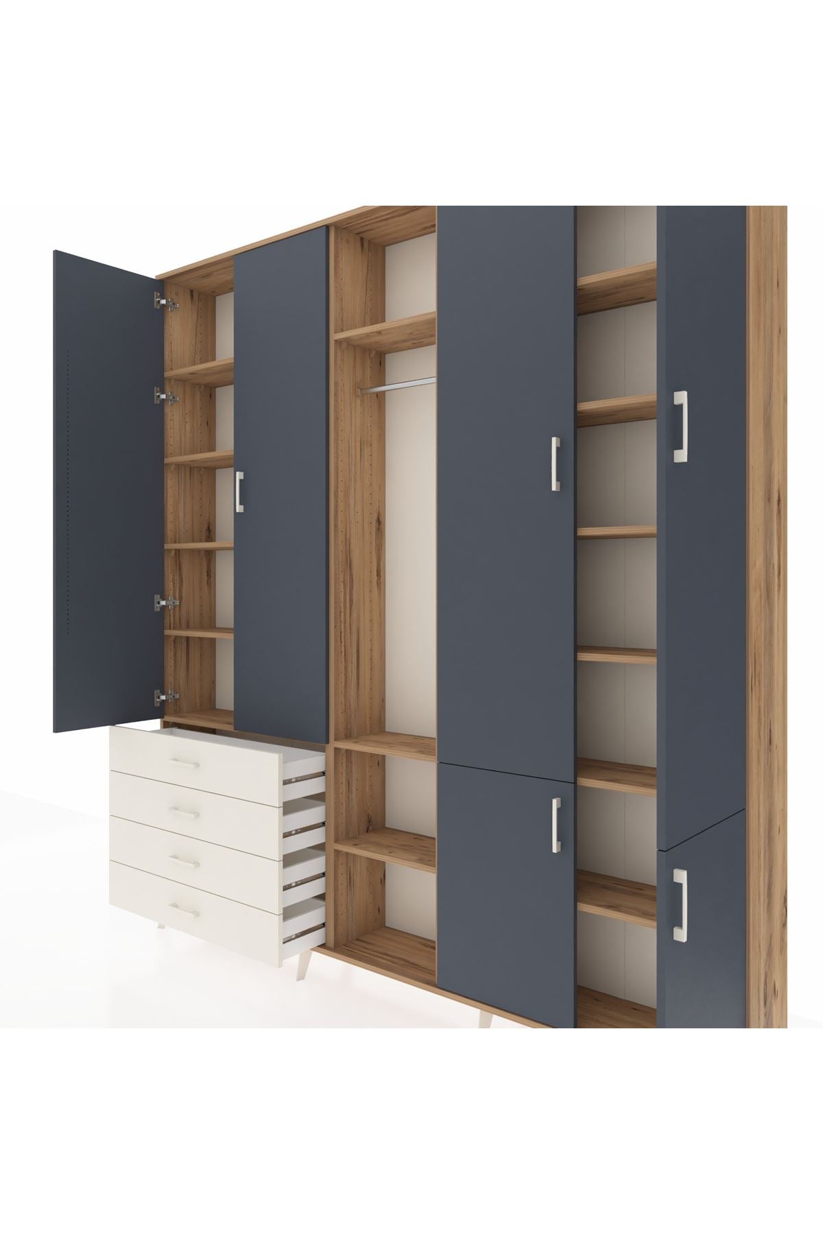 Arges Dolap 14 Raflı 4 Çekmeceli Tek Askılı 220x30x243 Çam-Antrasit/Aytaşı