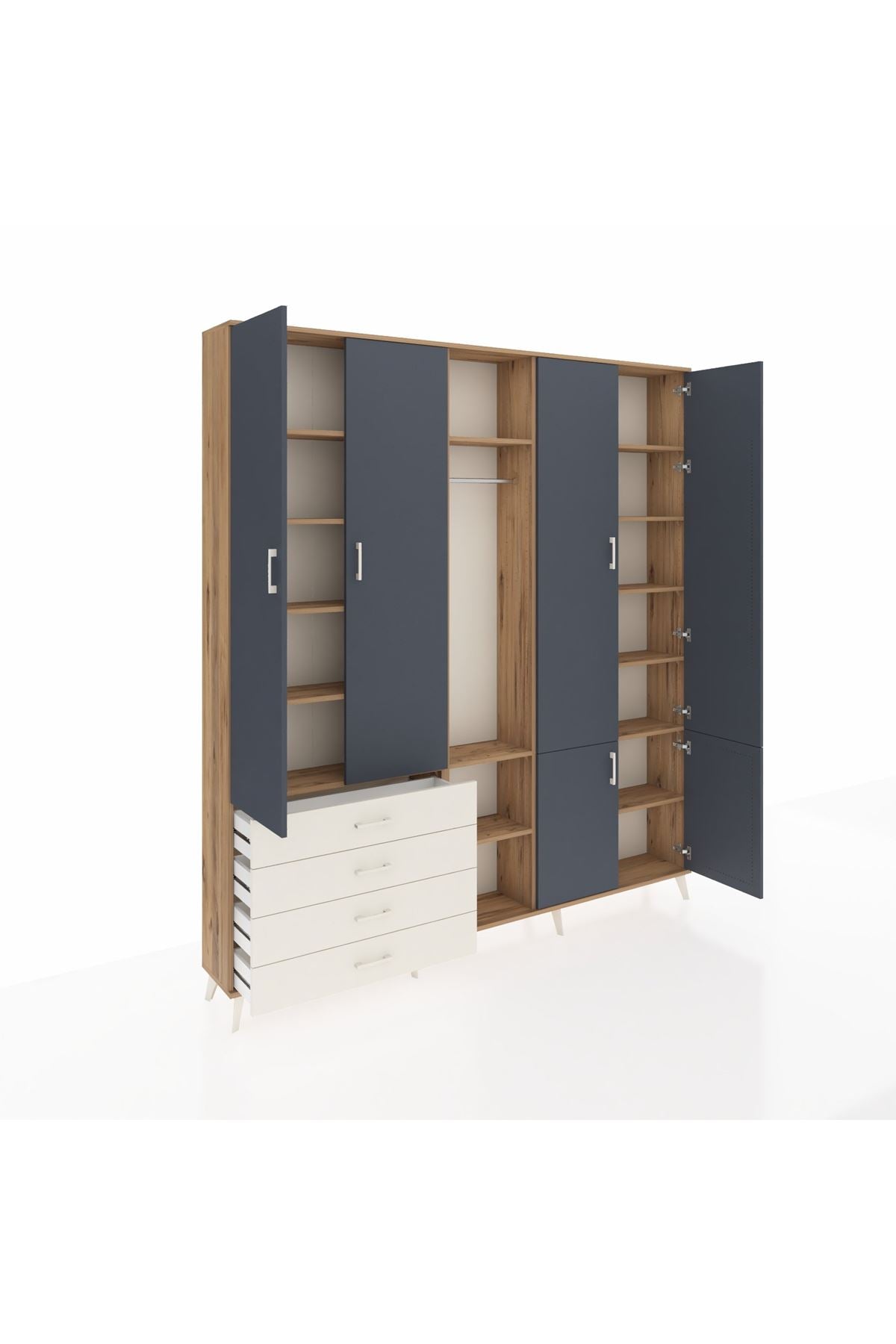 Arges Dolap 14 Raflı 4 Çekmeceli Tek Askılı 220x30x243 Çam-Antrasit/Aytaşı