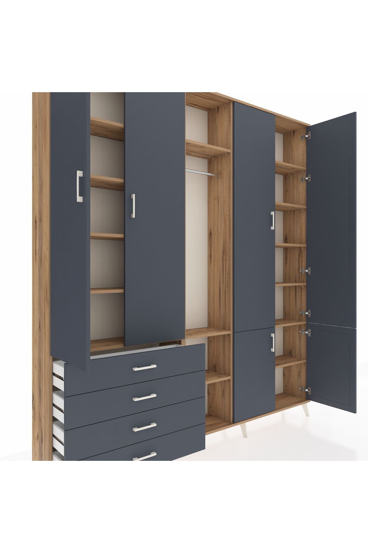 Arges Gardrop 14 Raflı 4 Çekmeceli Tek Askılı 220x30x243 Çam-Antrasit