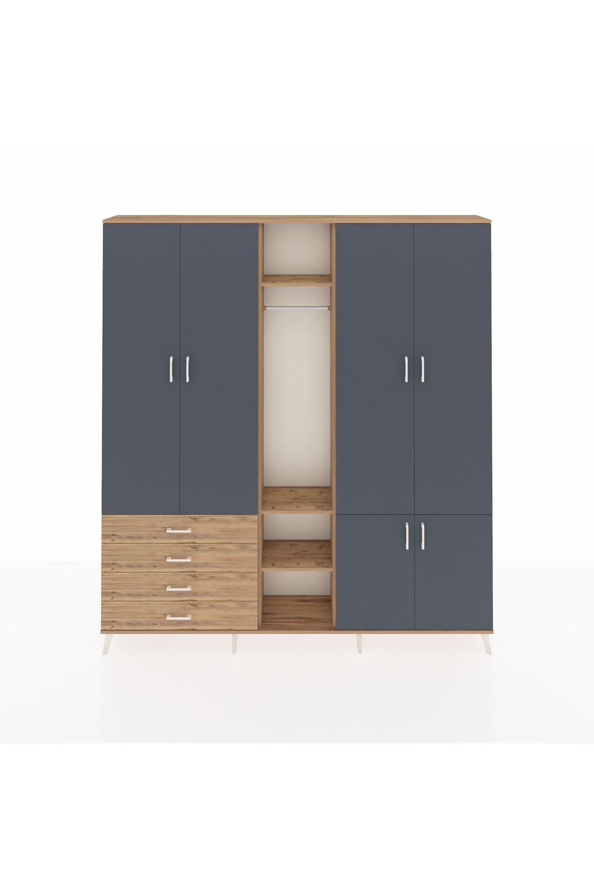 Arges Dolap 14 Raflı 4 Çekmeceli Tek Askılı 220x30x243 Çam-Antrasit/Çam