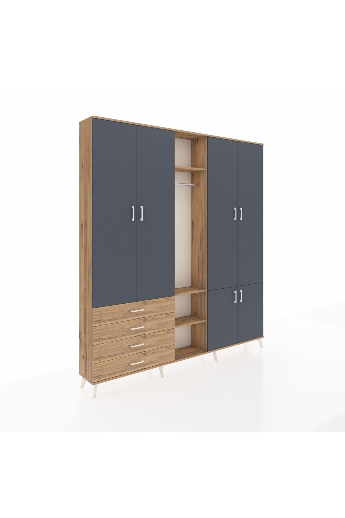 Arges Dolap 14 Raflı 4 Çekmeceli Tek Askılı 220x30x243 Çam-Antrasit/Çam