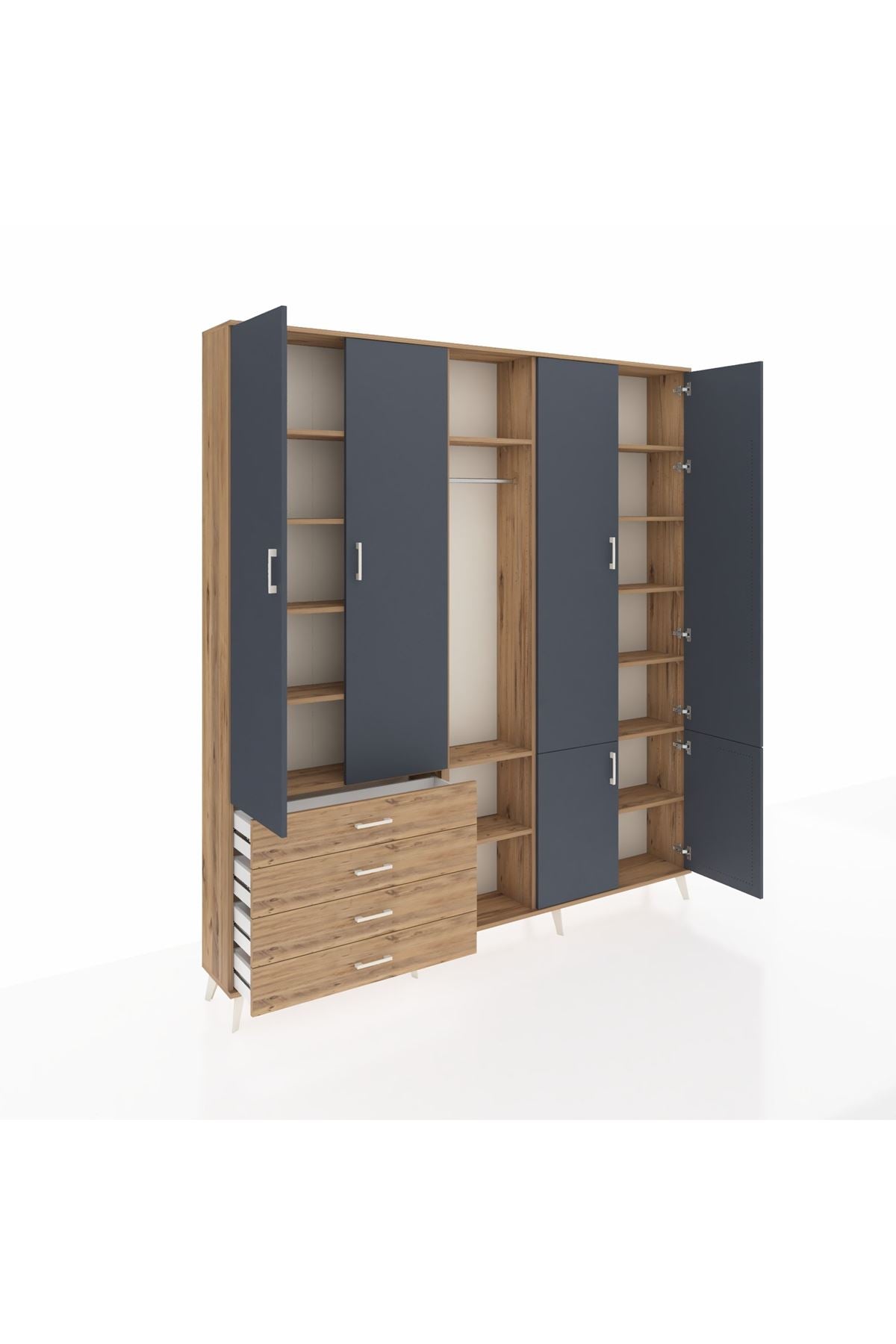 Arges Dolap 14 Raflı 4 Çekmeceli Tek Askılı 220x30x243 Çam-Antrasit/Çam