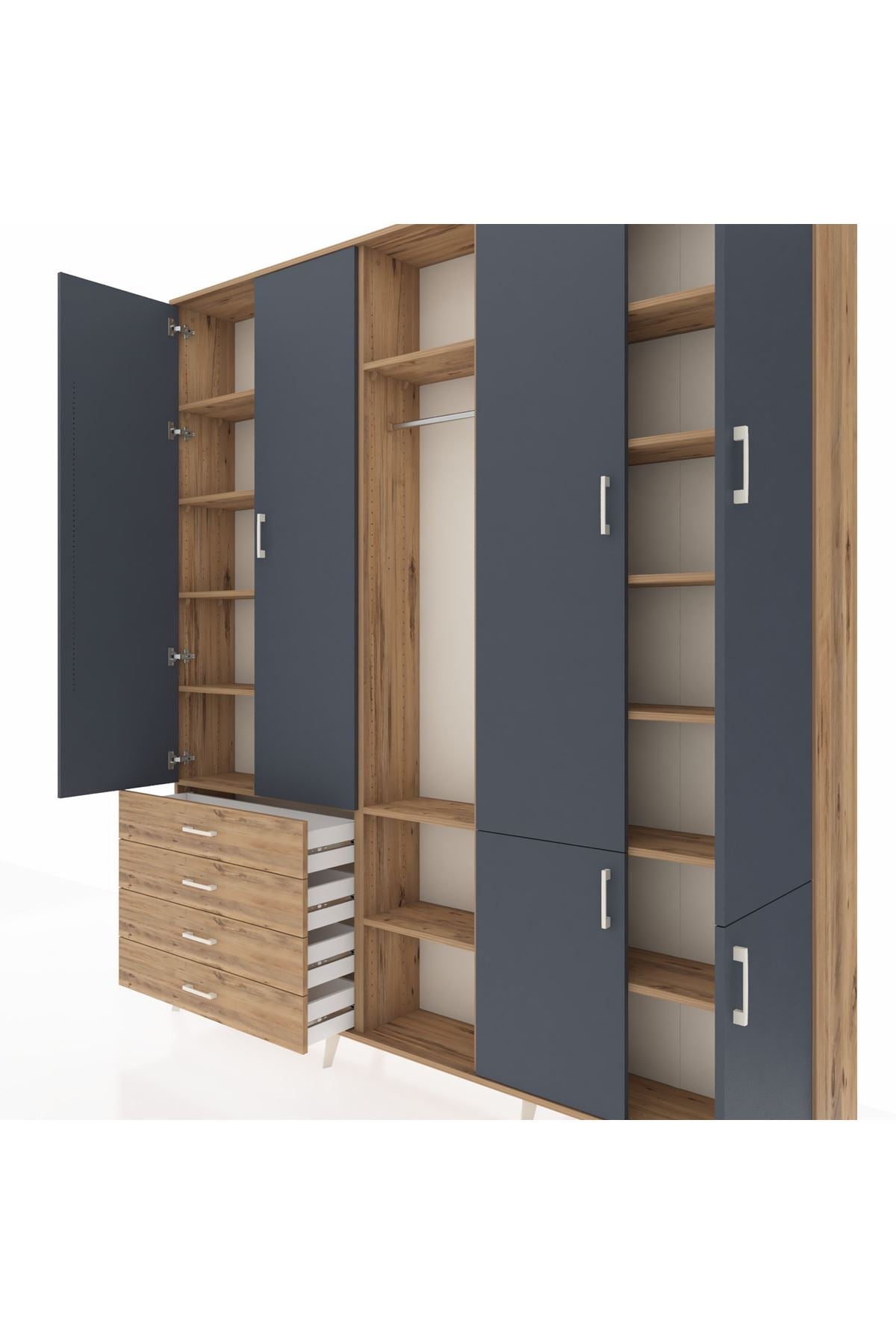 Arges Dolap 14 Raflı 4 Çekmeceli Tek Askılı 220x30x243 Çam-Antrasit/Çam